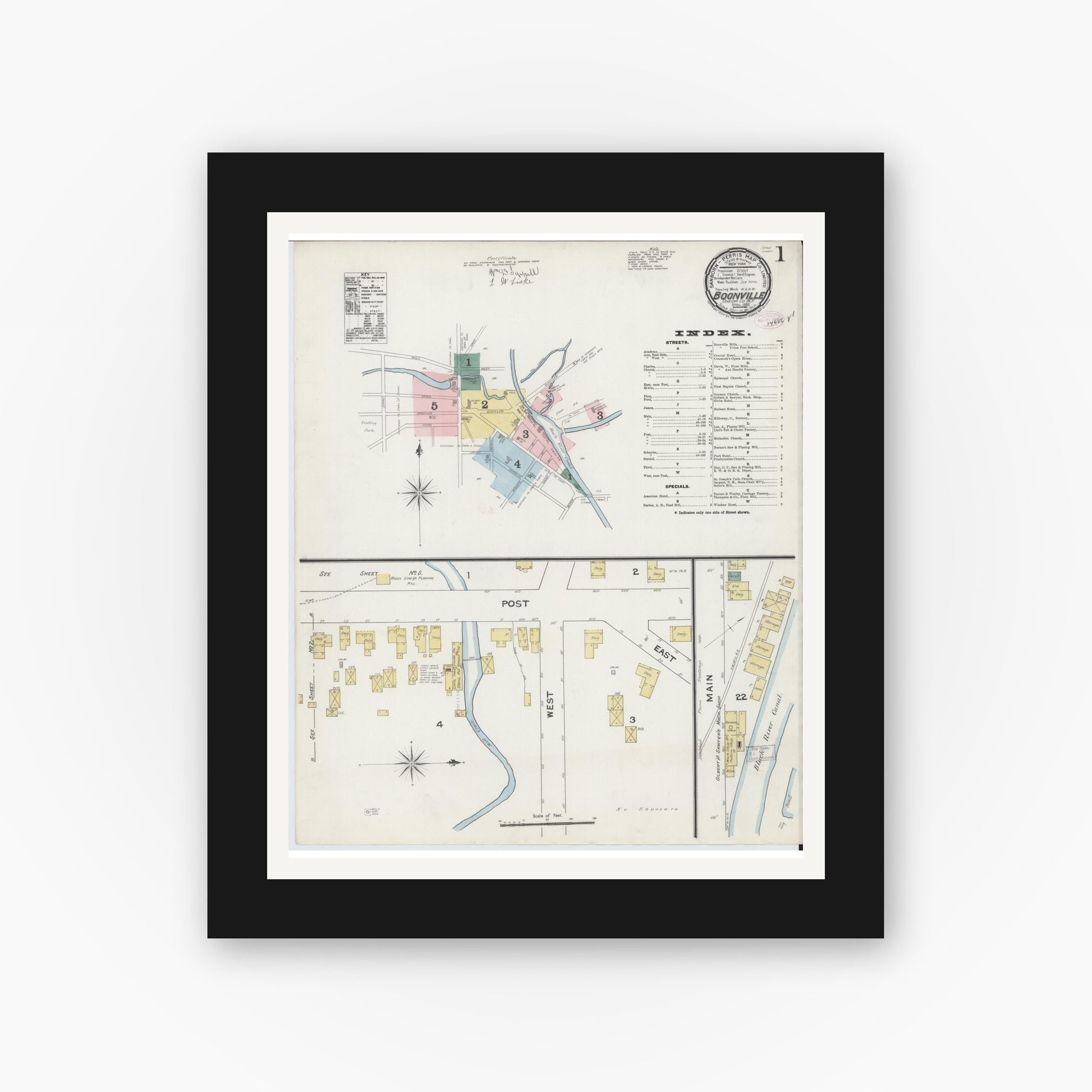 Old map wall art mockup — black gallery frame with white mat — Sanborn Fire Insurance Map from Boonville, Oneida County, New York (1890) - Complete Map Set