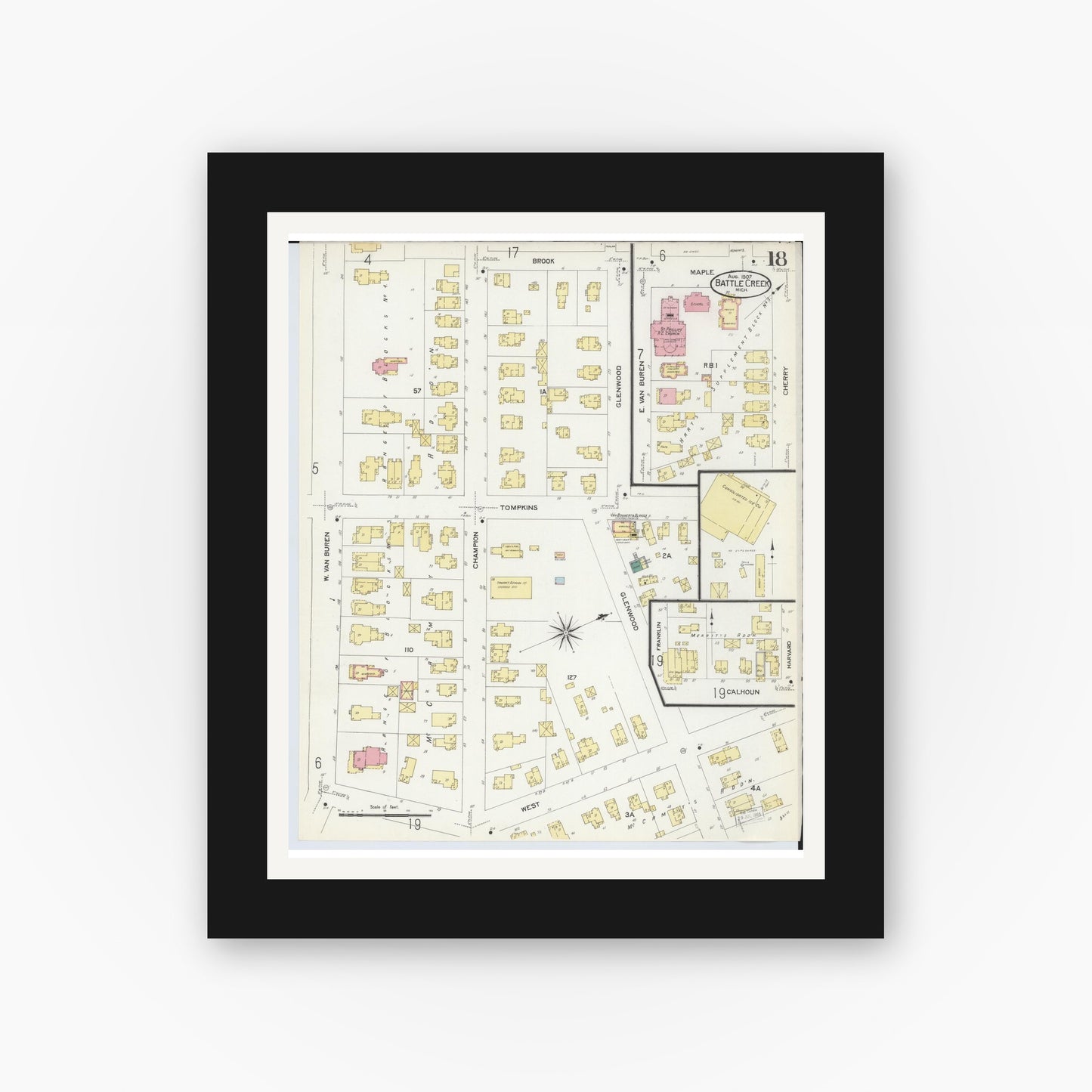 Old map wall art mockup — black gallery frame with white mat — Sanborn Fire Insurance Map from Battle Creek, Calhoun County, Michigan (1907), Sheet #0018