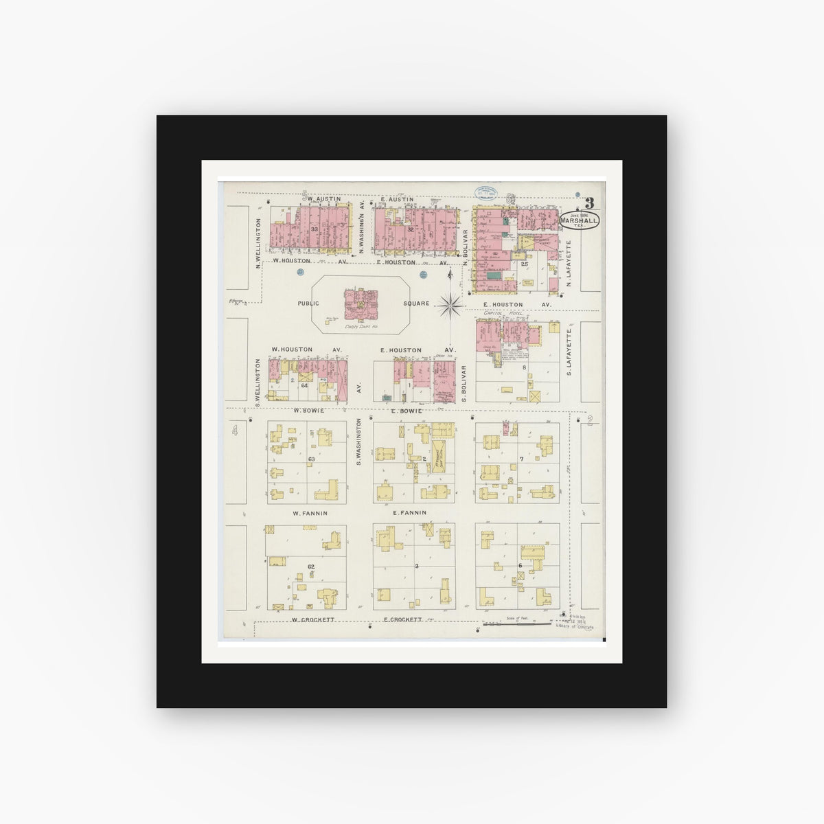 Old map wall art mockup — black gallery frame with white mat — Sanborn Fire Insurance Map from Marshall, Harrison County, Texas (1894), Sheet #0003