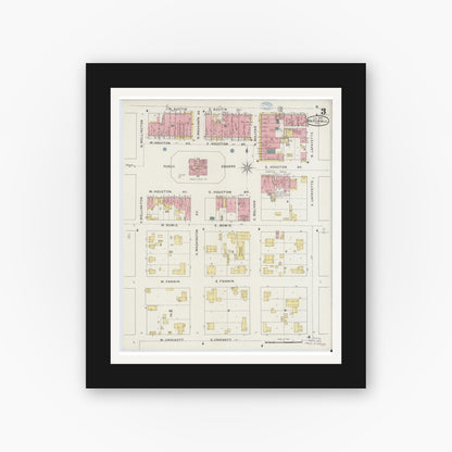 Old map wall art mockup — black gallery frame with white mat — Sanborn Fire Insurance Map from Marshall, Harrison County, Texas (1894), Sheet #0003
