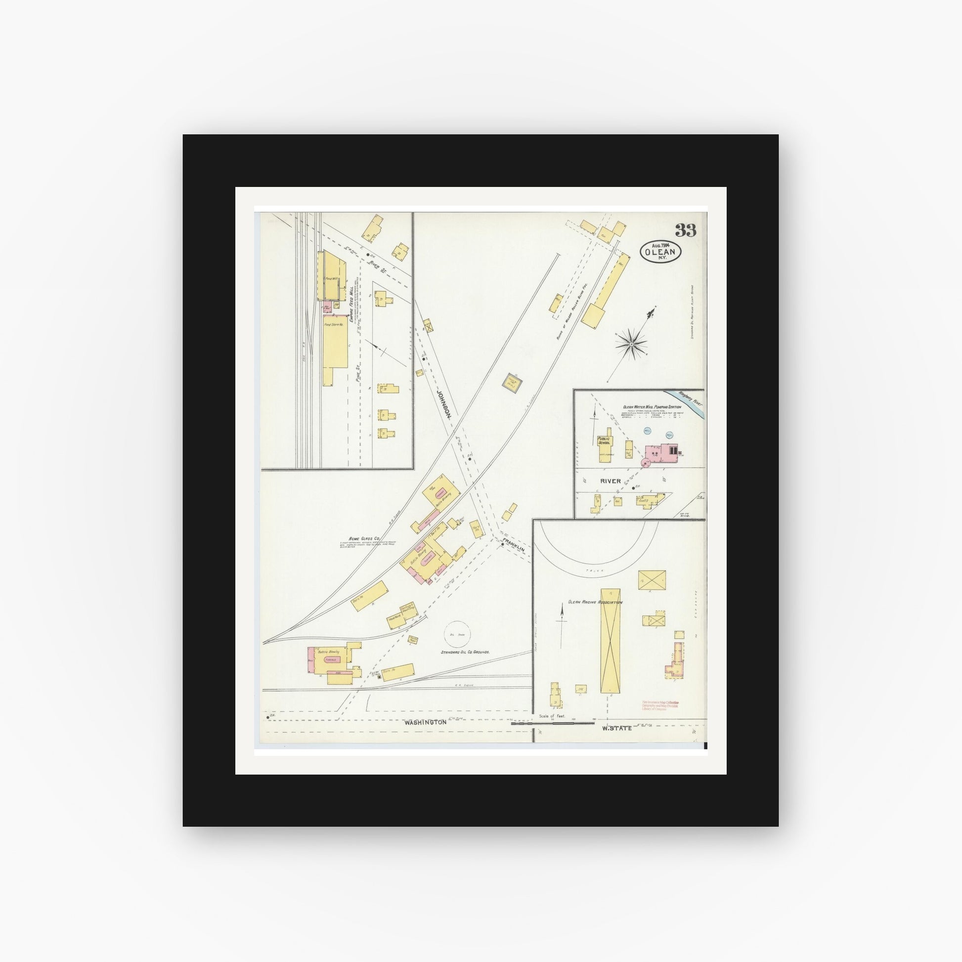 Old map wall art mockup — black gallery frame with white mat — Sanborn Fire Insurance Map from Olean, Cattaraugus County, New York (1904), Sheet #0033