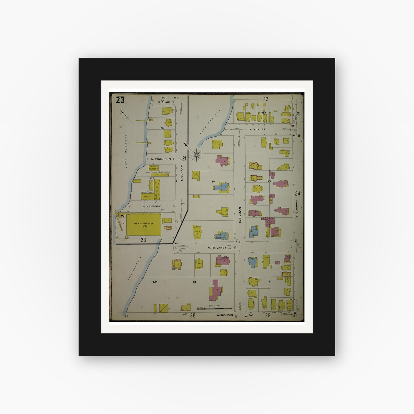 Old map wall art mockup — black gallery frame with white mat — Sanborn Fire Insurance Map from Madison, Dane County, Wisconsin (1908), Sheet #0023
