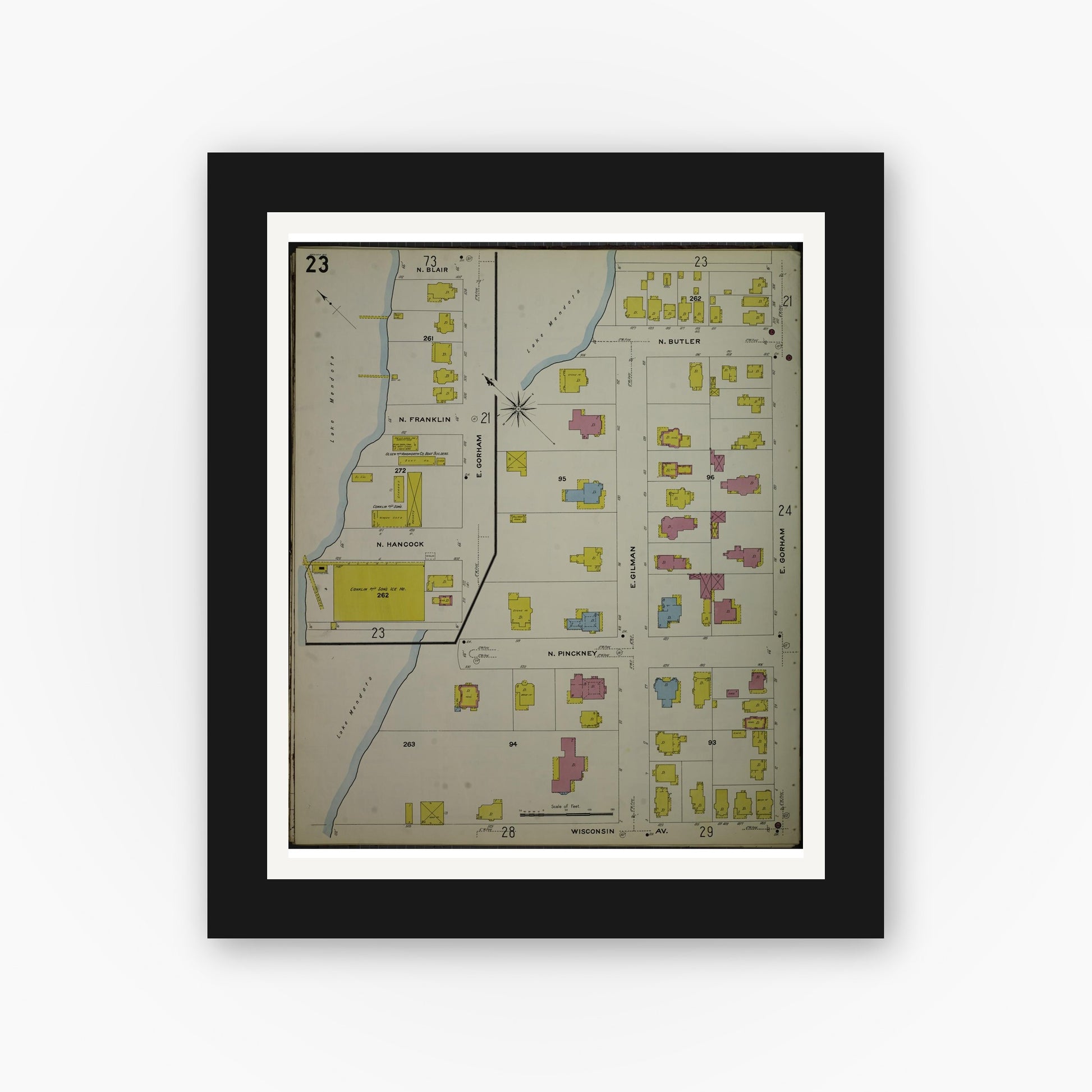 Old map wall art mockup — black gallery frame with white mat — Sanborn Fire Insurance Map from Madison, Dane County, Wisconsin (1908), Sheet #0023