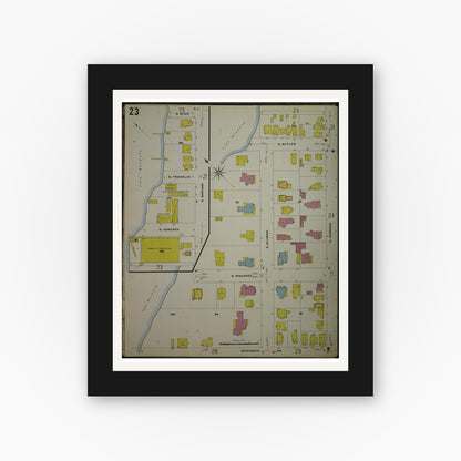 Old map wall art mockup — black gallery frame with white mat — Sanborn Fire Insurance Map from Madison, Dane County, Wisconsin (1908), Sheet #0023