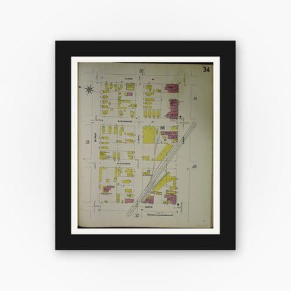 Old map wall art mockup — black gallery frame with white mat — Sanborn Fire Insurance Map from Jackson, Jackson County, Michigan (1907), Sheet #0034