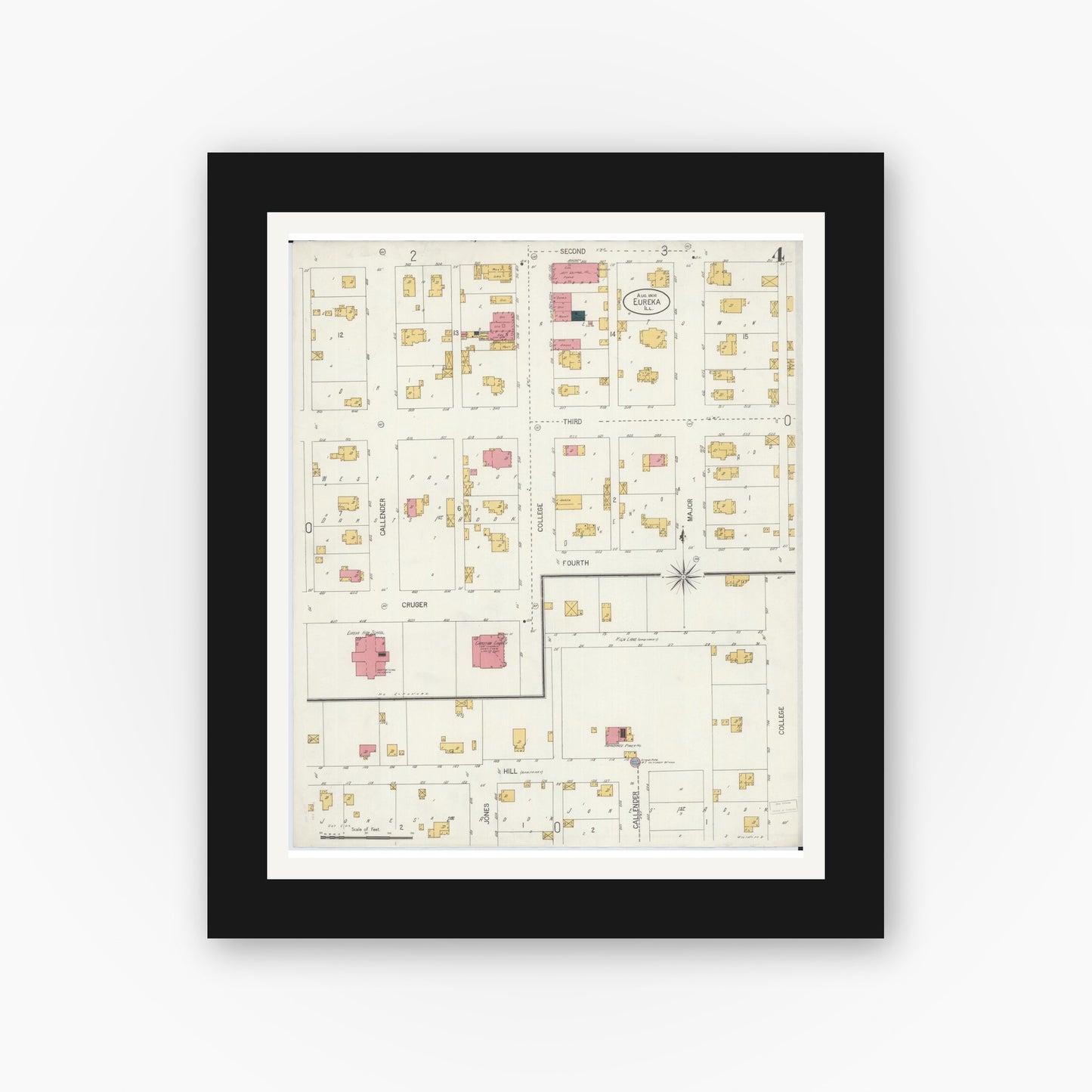 Old map wall art mockup — black gallery frame with white mat — Sanborn Fire Insurance Map from Eureka, Woodford County, Illinois (1906), Sheet #0004
