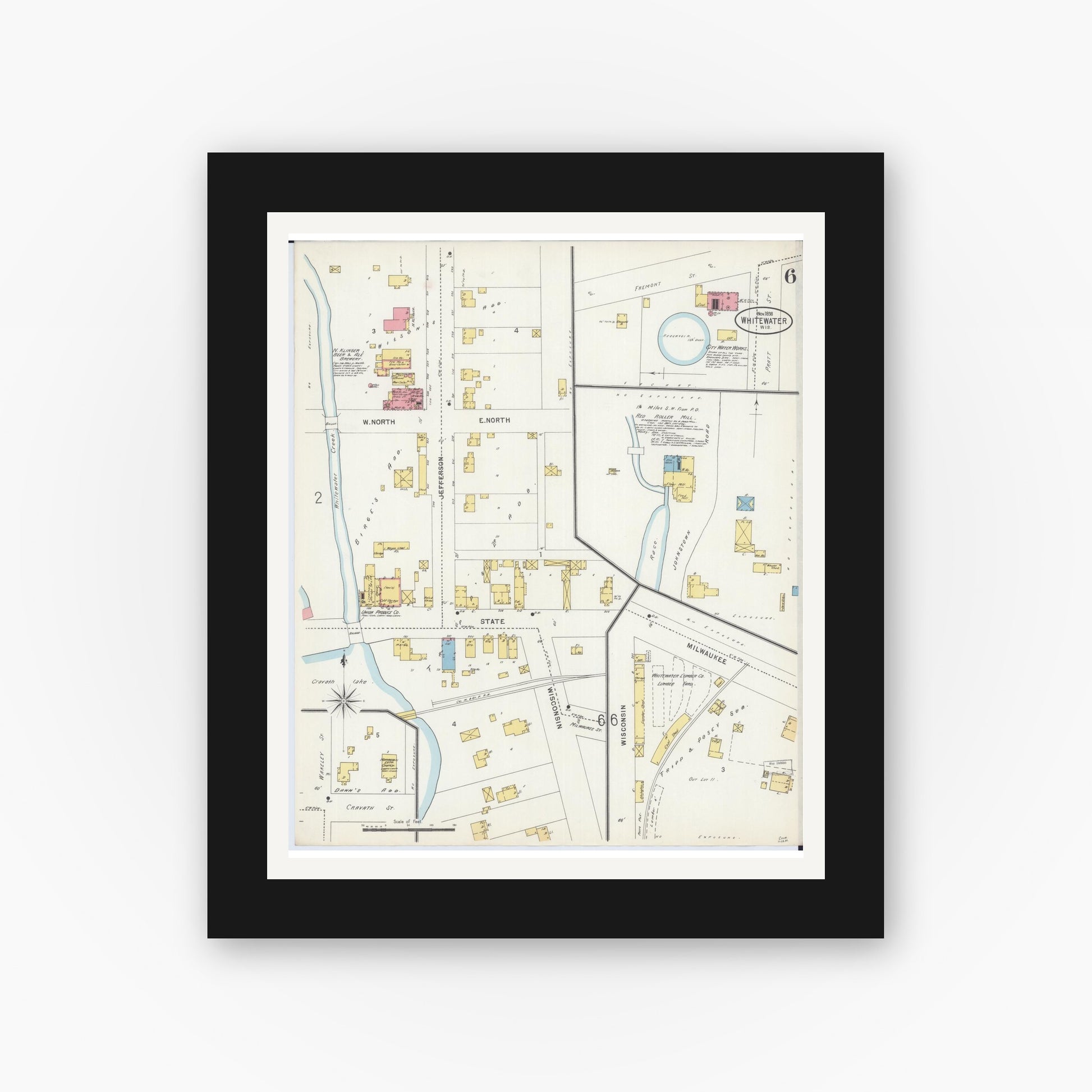 Old map wall art mockup — black gallery frame with white mat — Sanborn Fire Insurance Map from Whitewater, Walworth County, Wisconsin (1898), Sheet #0006