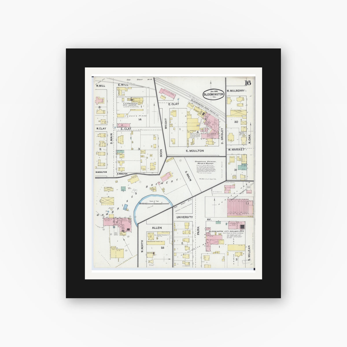Old map wall art mockup — black gallery frame with white mat — Sanborn Fire Insurance Map from Bloomington, McLean County, Illinois (1892), Sheet #0016