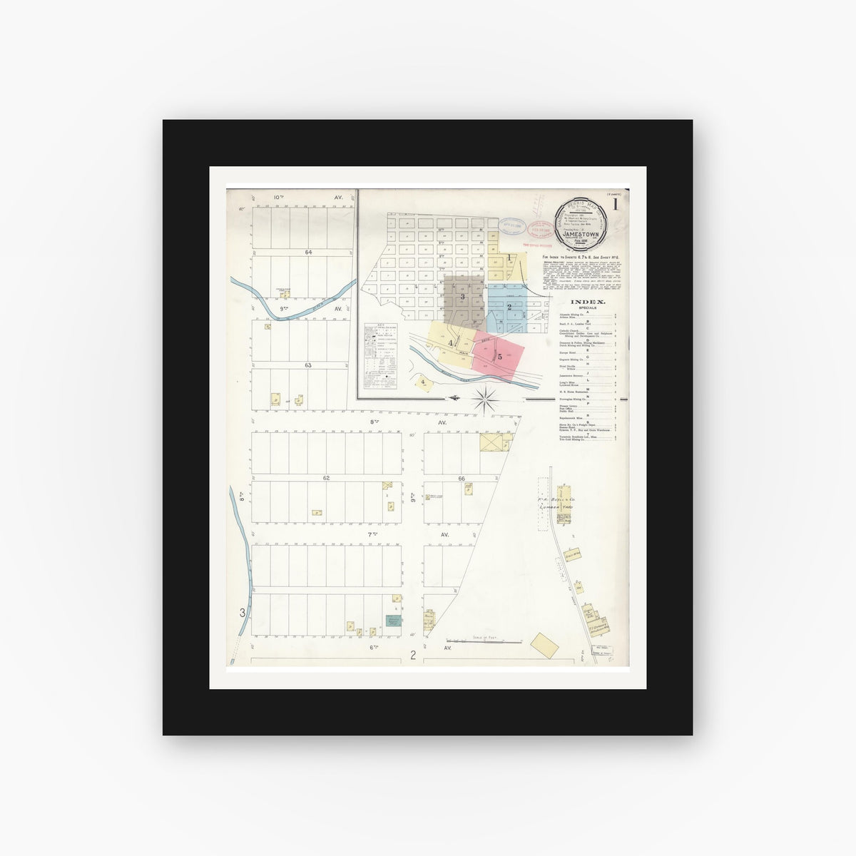 Old map wall art mockup — black gallery frame with white mat — Sanborn Fire Insurance Map from Jamestown, Tuolumne County, California (1898), Sheet #0001