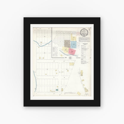 Old map wall art mockup — black gallery frame with white mat — Sanborn Fire Insurance Map from Jamestown, Tuolumne County, California (1898), Sheet #0001
