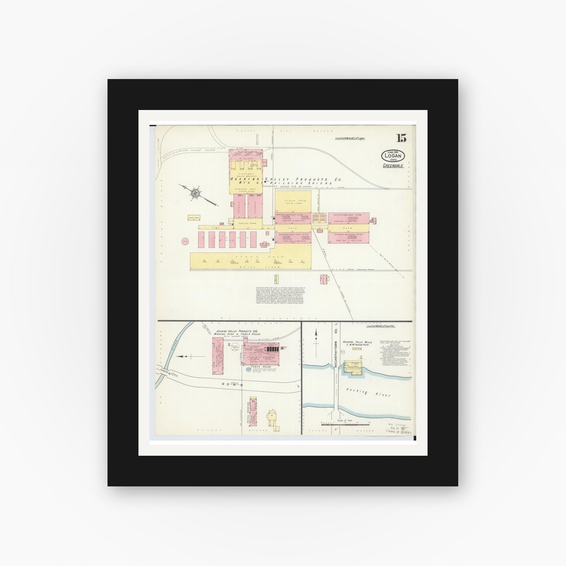 Old map wall art mockup — black gallery frame with white mat — Sanborn Fire Insurance Map from Logan, Hocking County, Ohio (1914), Sheet #0015