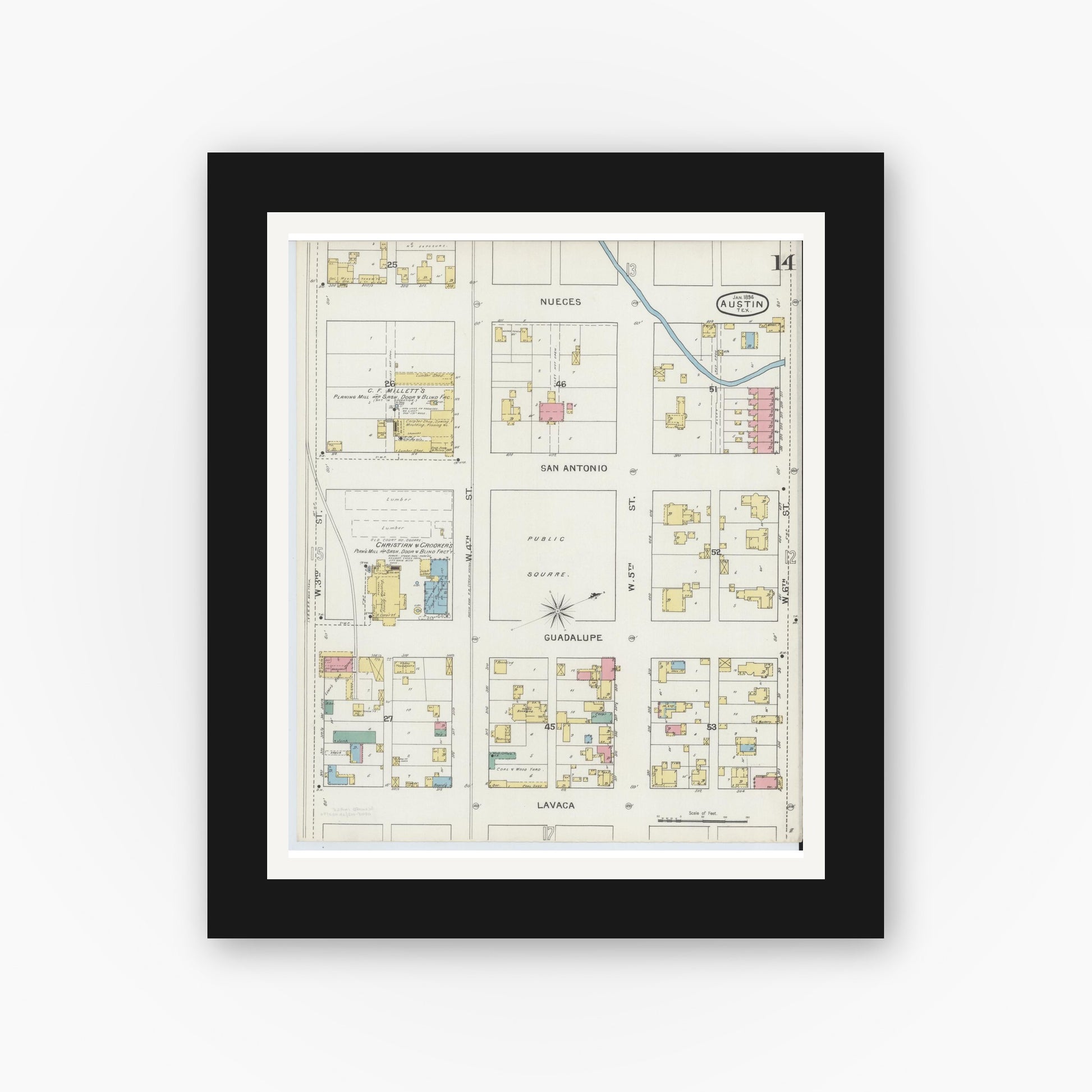 Old map wall art mockup — black gallery frame with white mat — Sanborn Fire Insurance Map from Austin, Travis County, Texas (1894), Sheet #0014