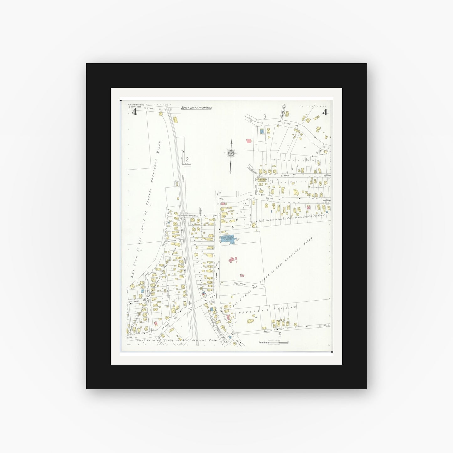 Old map wall art mockup — black gallery frame with white mat — Sanborn Fire Insurance Map from Cleves, Hamilton County, Ohio (1938), Sheet #0004