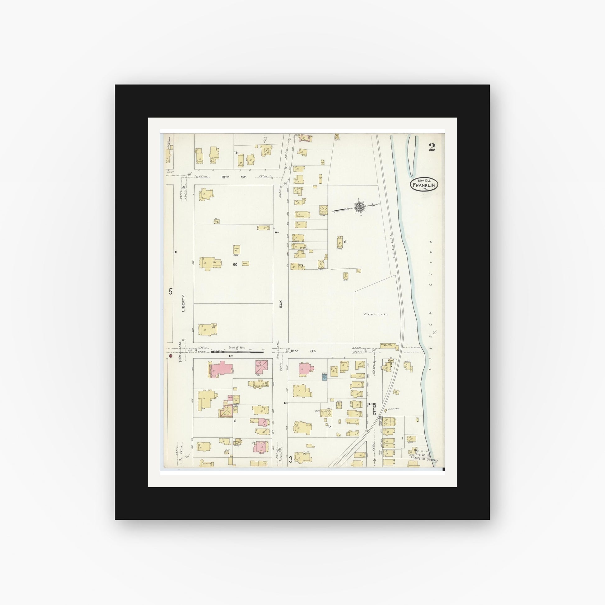 Old map wall art mockup — black gallery frame with white mat — Sanborn Fire Insurance Map from Franklin, Venango County, Pennsylvania (1912), Sheet #0002