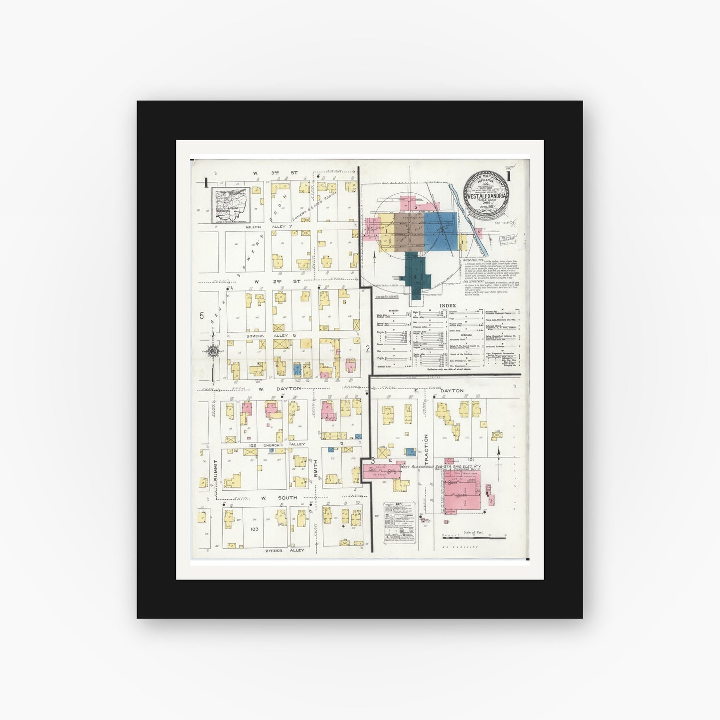 Old map wall art mockup — black gallery frame with white mat — Sanborn Fire Insurance Map from West Alexandria, Preble County, Ohio (1926) - Complete Map Set