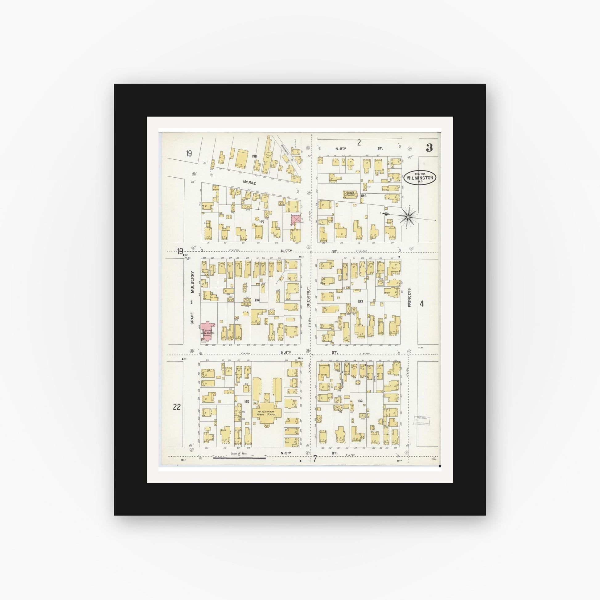 Old map wall art mockup — black gallery frame with white mat — Sanborn Fire Insurance Map from Wilmington, New Hanover County, North Carolina (1904), Sheet #0003