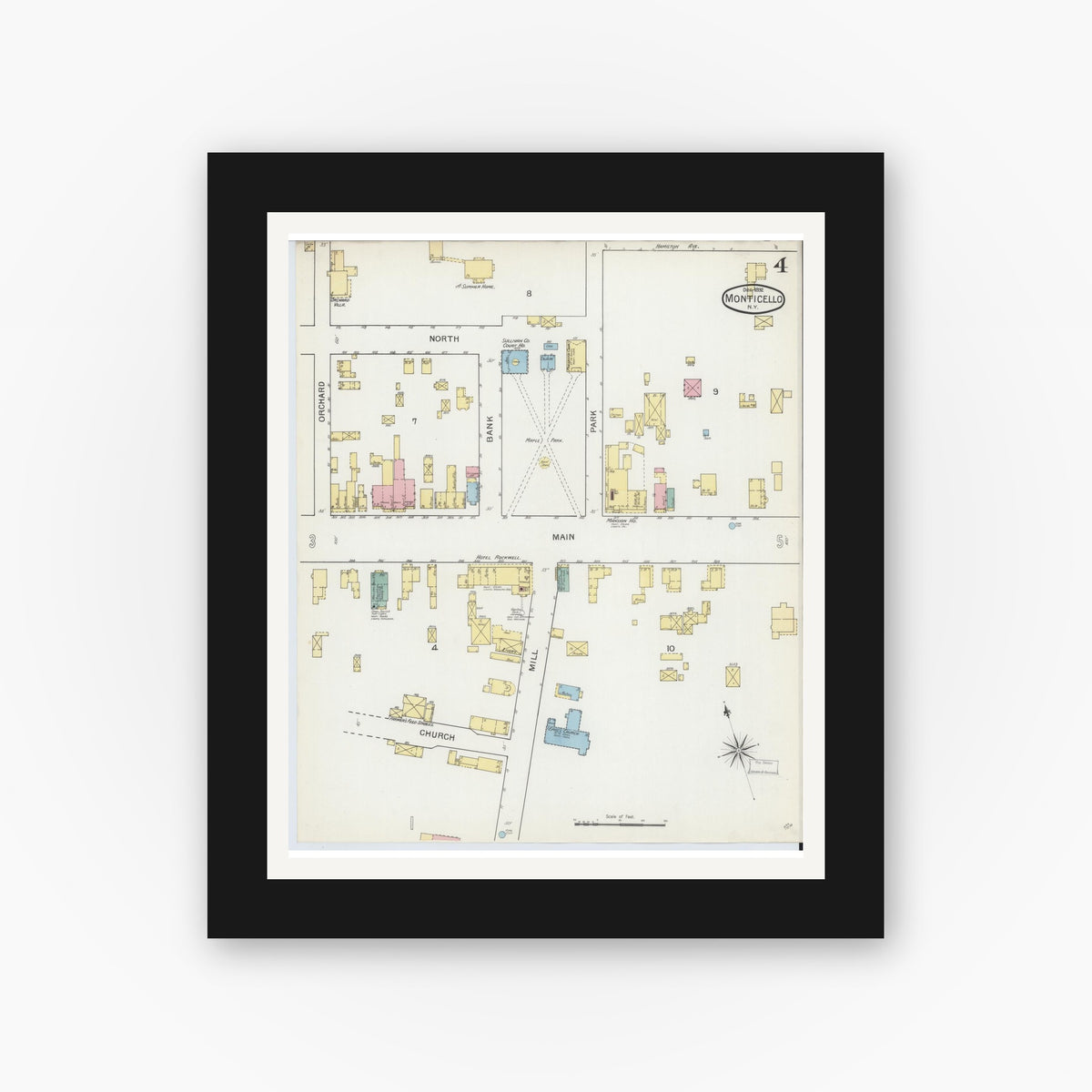 Old map wall art mockup — black gallery frame with white mat — Sanborn Fire Insurance Map from Monticello, Sullivan County, New York (1892), Sheet #0004