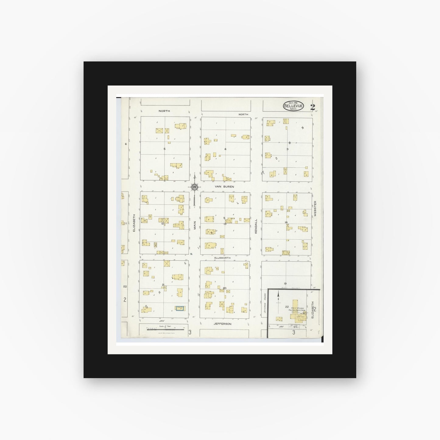 Old map wall art mockup — black gallery frame with white mat — Sanborn Fire Insurance Map from Bellevue, Eaton County, Michigan (1916), Sheet #0002