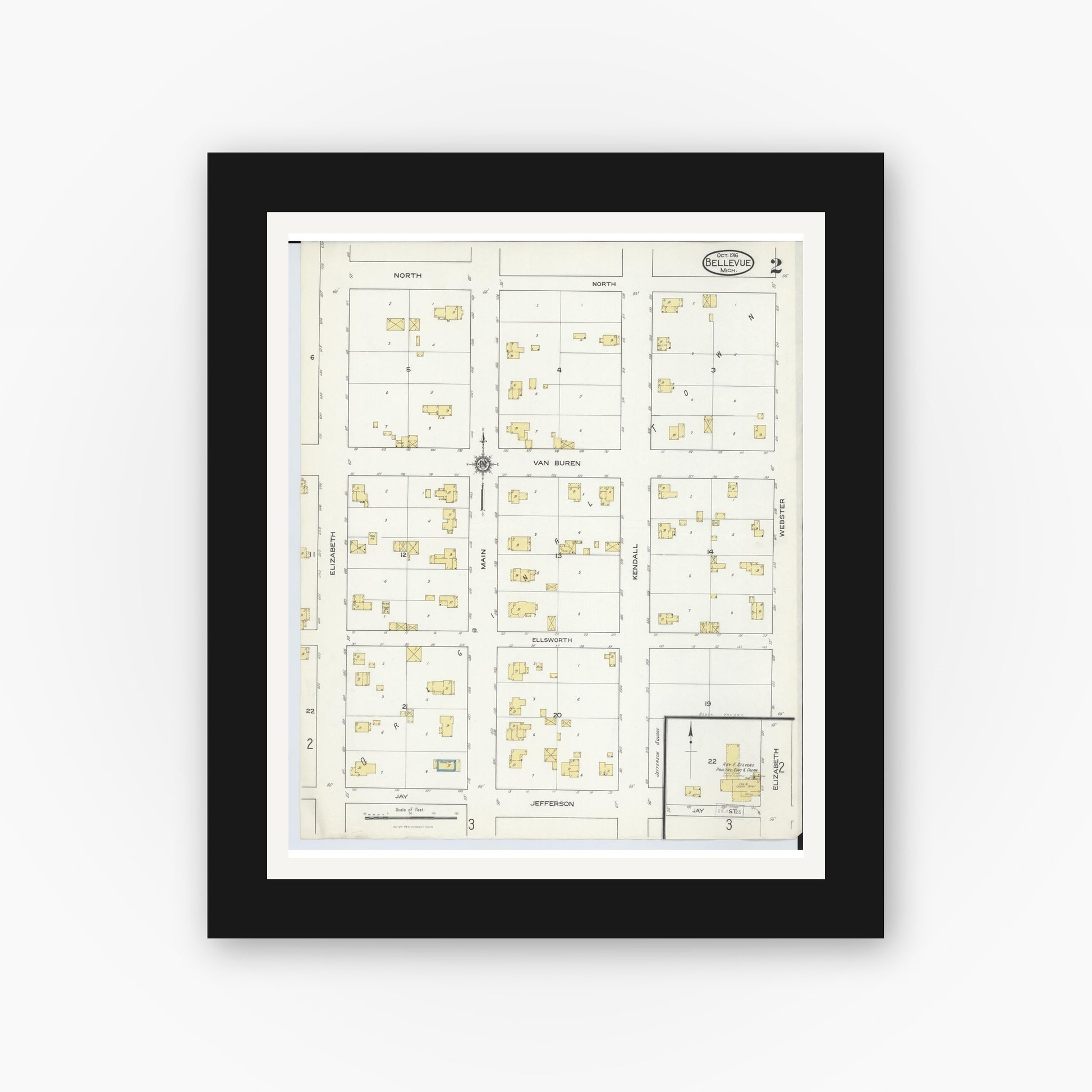 Old map wall art mockup — black gallery frame with white mat — Sanborn Fire Insurance Map from Bellevue, Eaton County, Michigan (1916), Sheet #0002