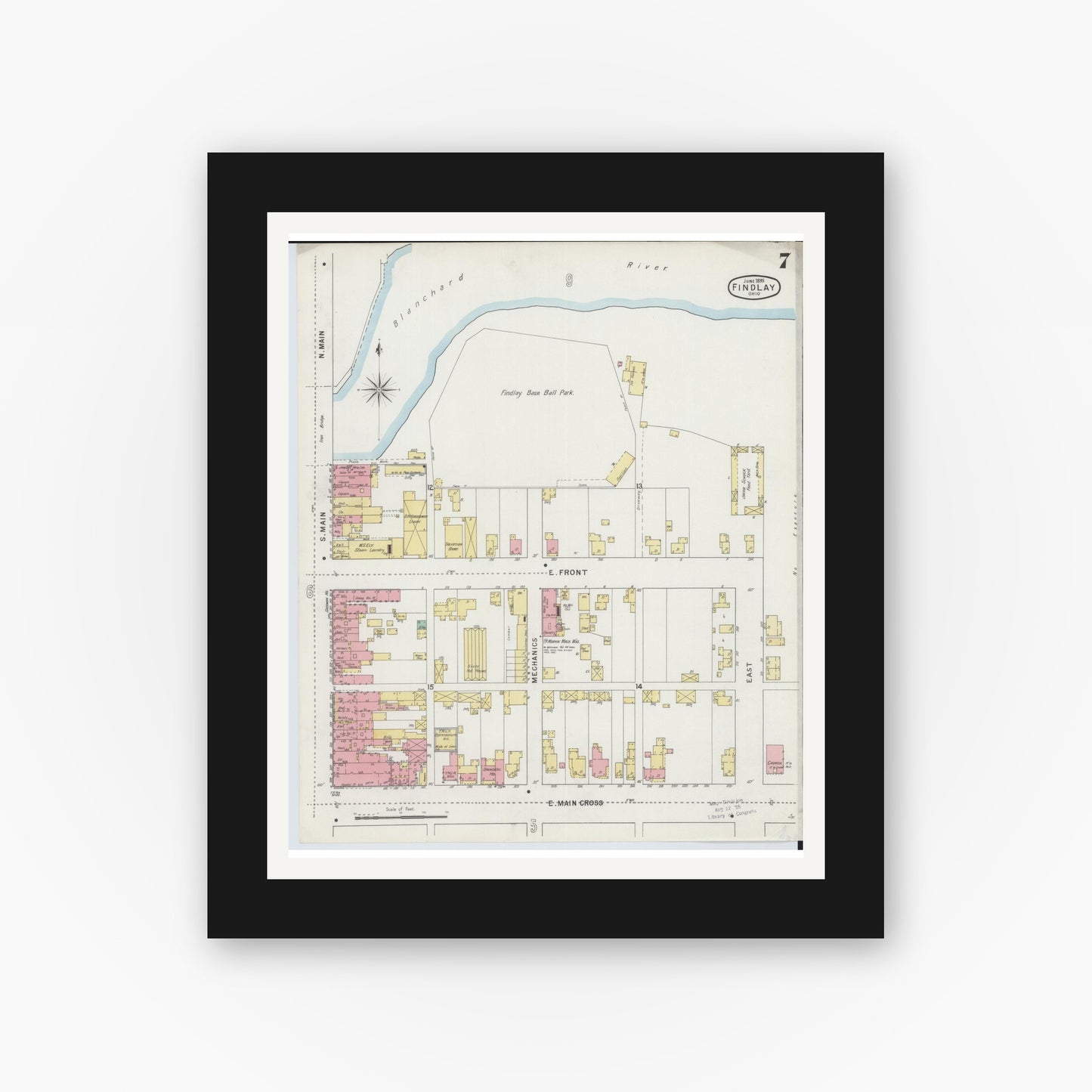 Old map wall art mockup — black gallery frame with white mat — Sanborn Fire Insurance Map from Findlay, Hancock County, Ohio (1895), Sheet #0007