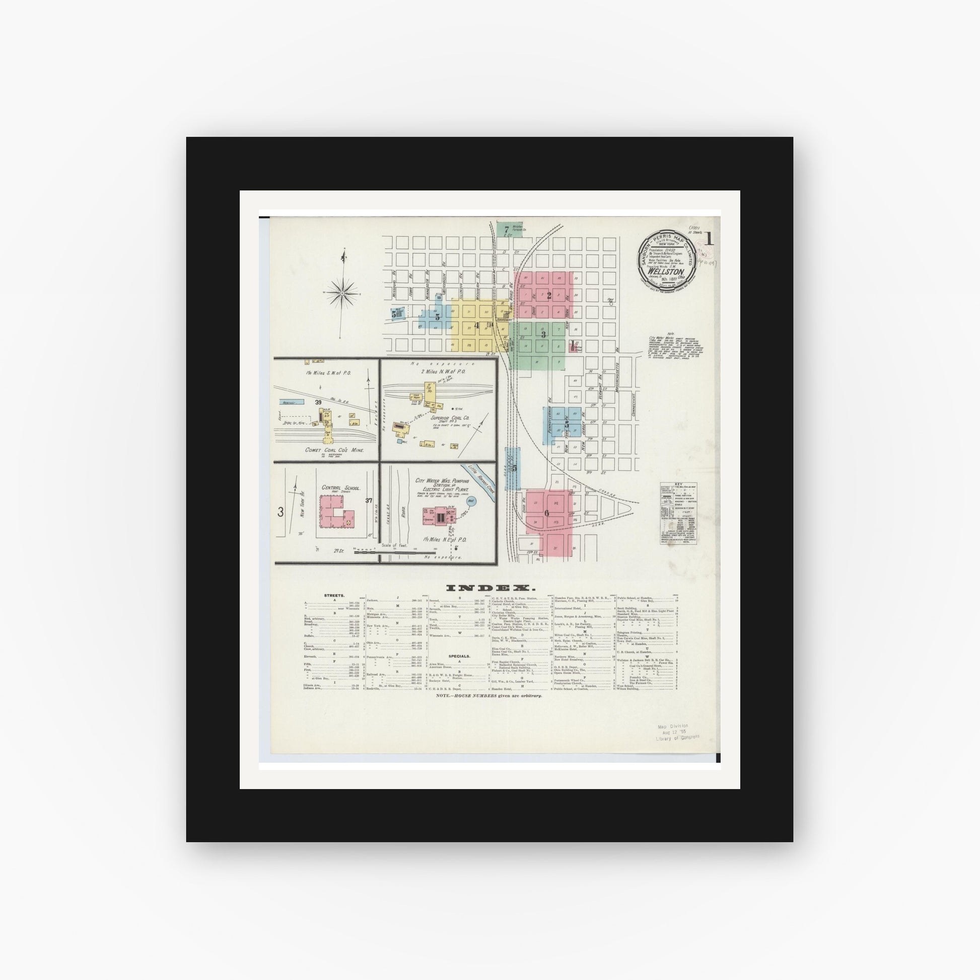 Old map wall art mockup — black gallery frame with white mat — Sanborn Fire Insurance Map from Wellston, Jackson County, Ohio (1897) - Complete Map Set