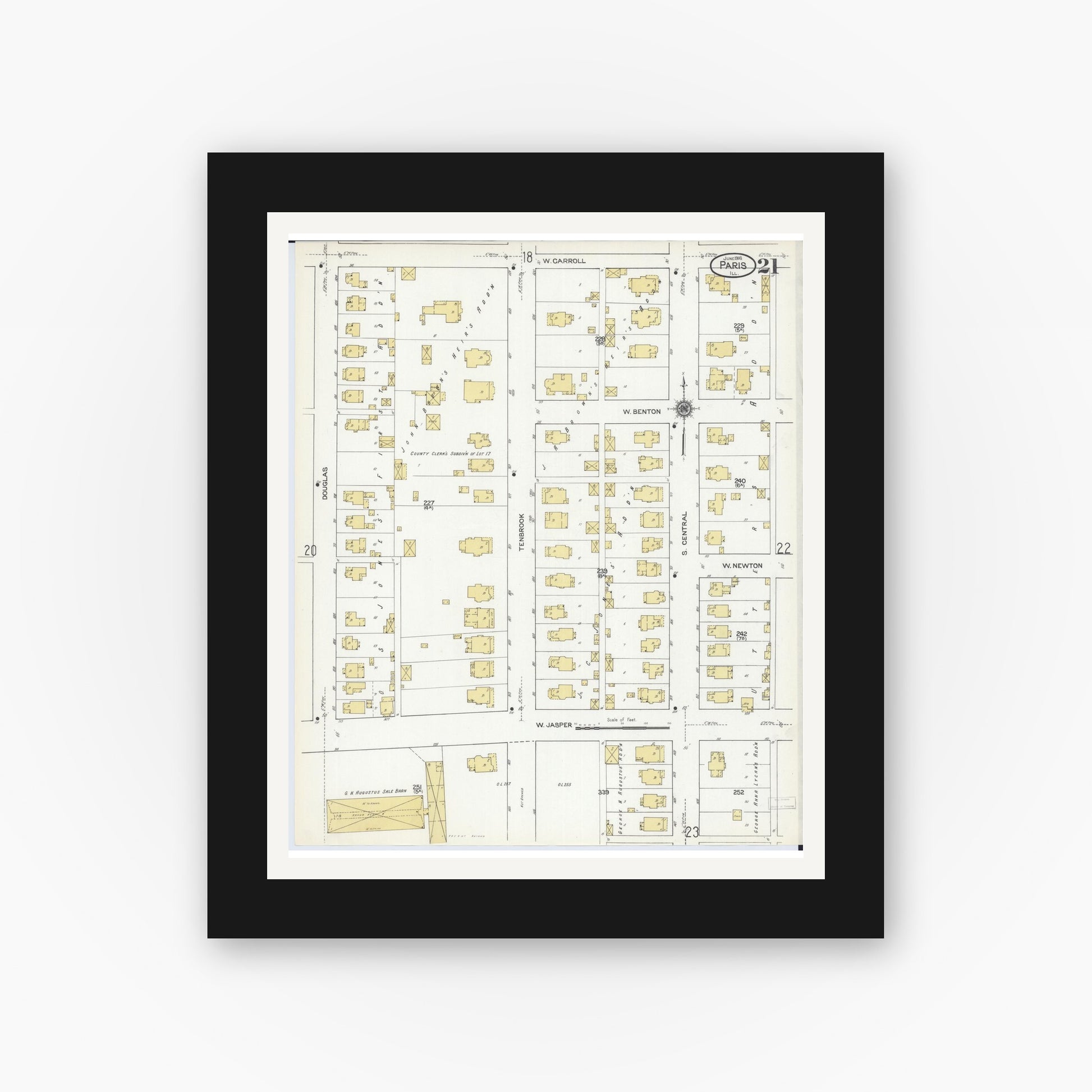 Old map wall art mockup — black gallery frame with white mat — Sanborn Fire Insurance Map from Paris, Edgar County, Illinois (1916), Sheet #0021