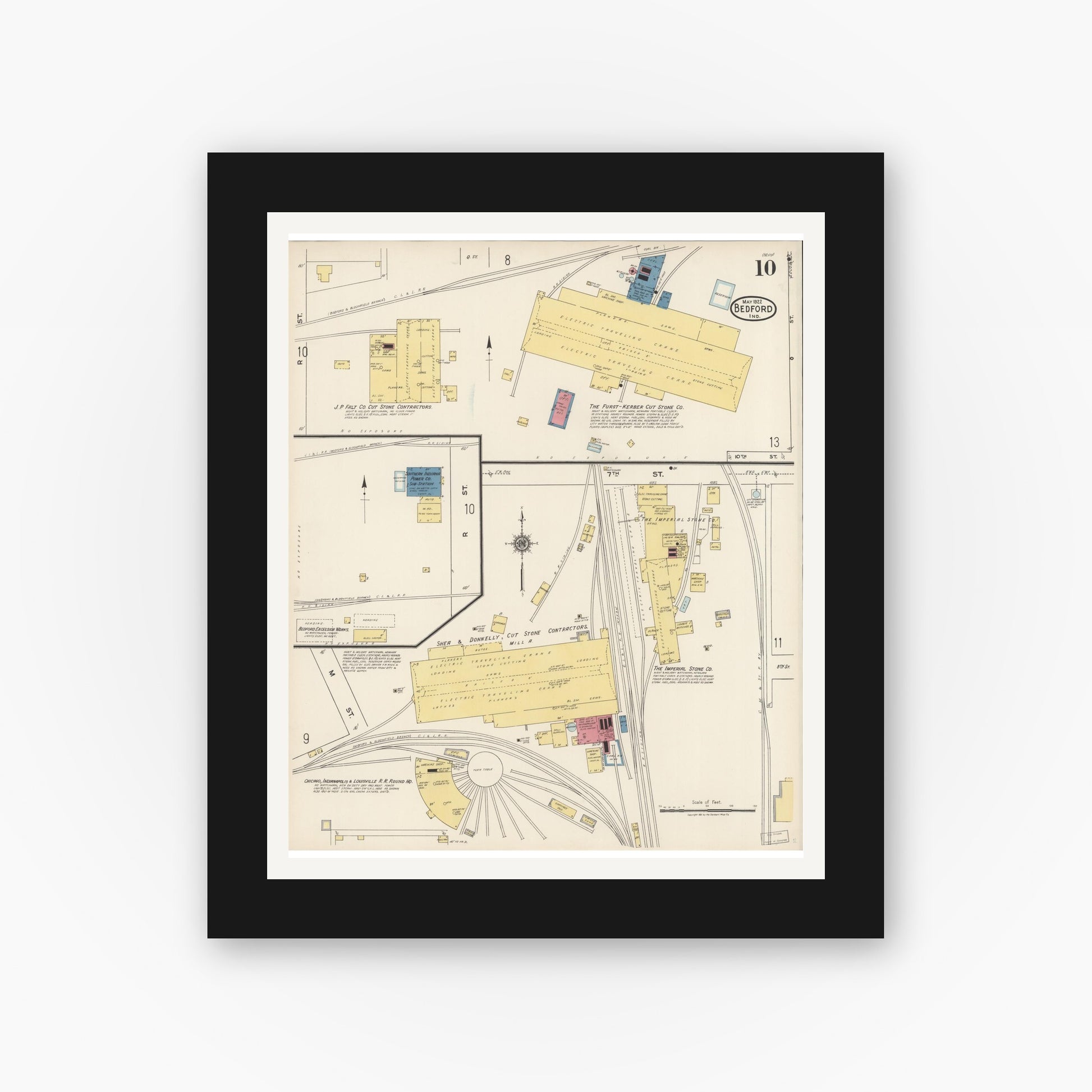 Old map wall art mockup — black gallery frame with white mat — Sanborn Fire Insurance Map from Bedford, Lawrence County, Indiana (1922), Sheet #0010
