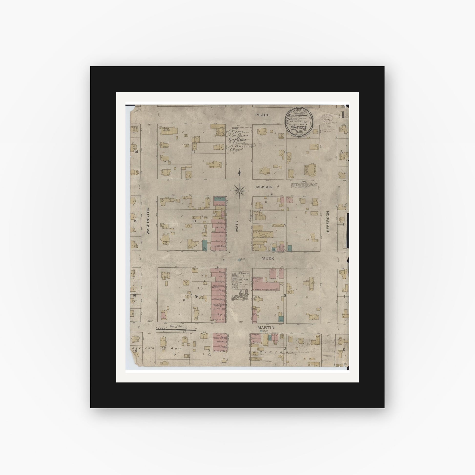 Old map wall art mockup — black gallery frame with white mat — Sanborn Fire Insurance Map from Abingdon, Knox County, Illinois (1893) - Complete Map Set