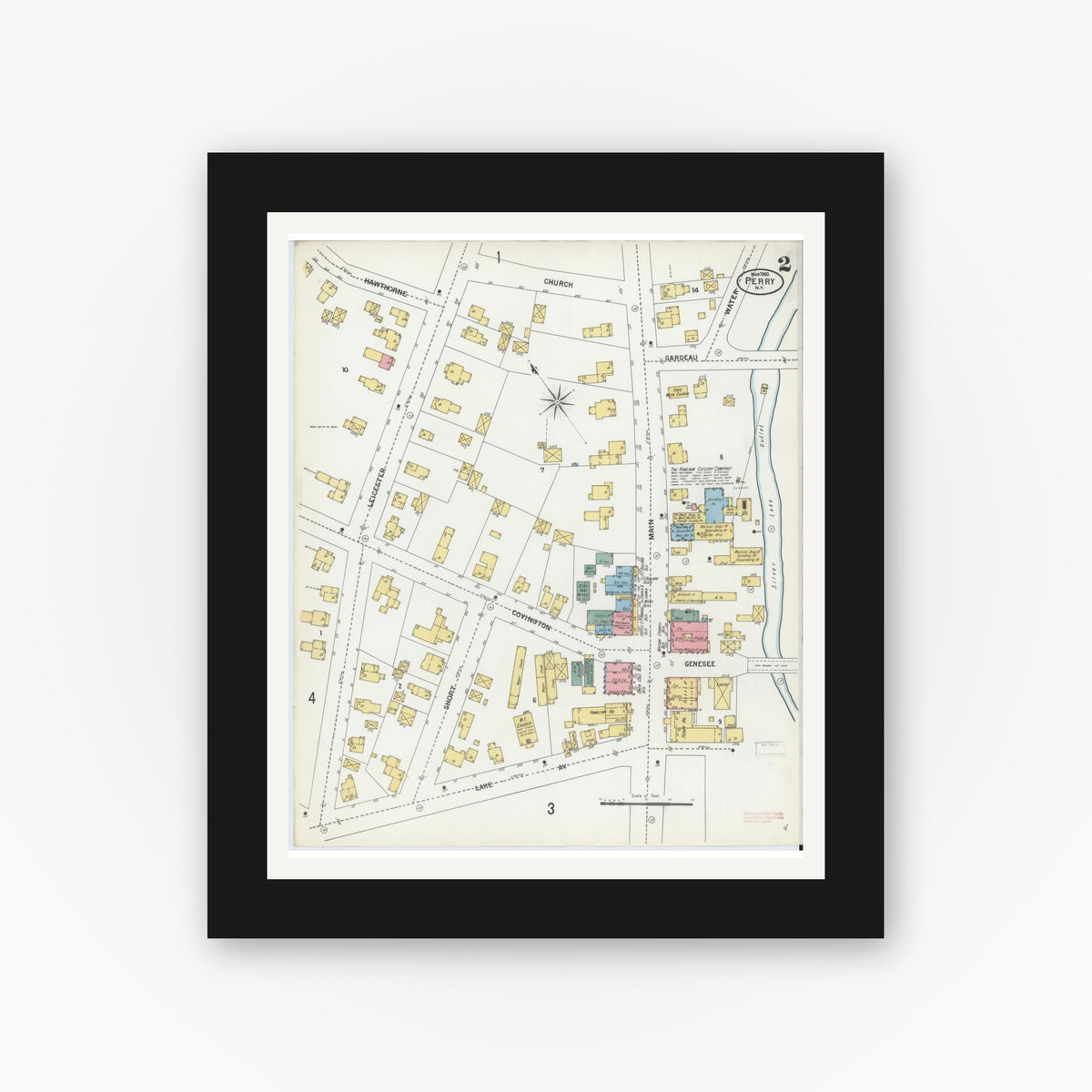 Old map wall art mockup — black gallery frame with white mat — Sanborn Fire Insurance Map from Perry, Wyoming County, New York (1900), Sheet #0002