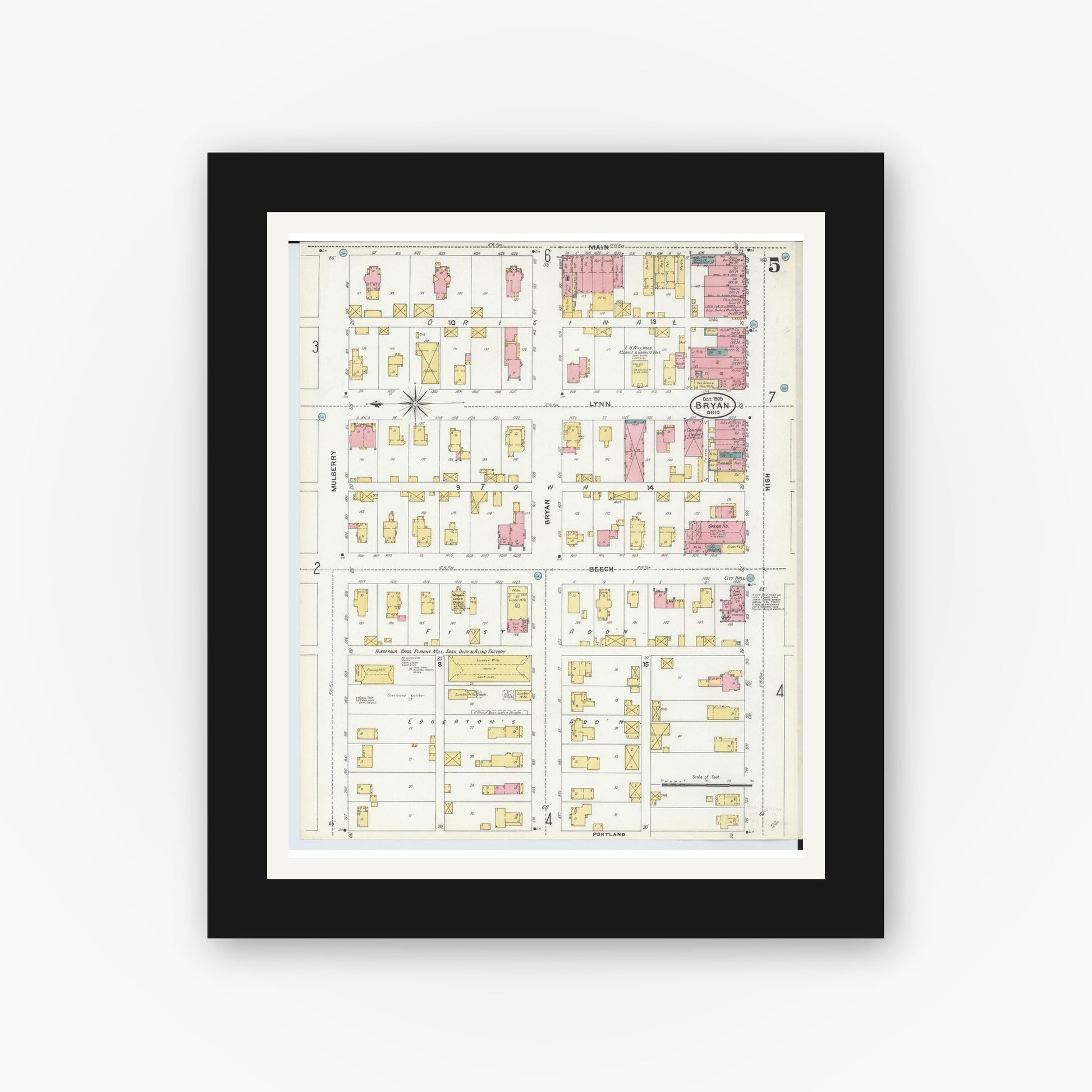 Old map wall art mockup — black gallery frame with white mat — Sanborn Fire Insurance Map from Bryan, Williams County, Ohio (1905), Sheet #0005