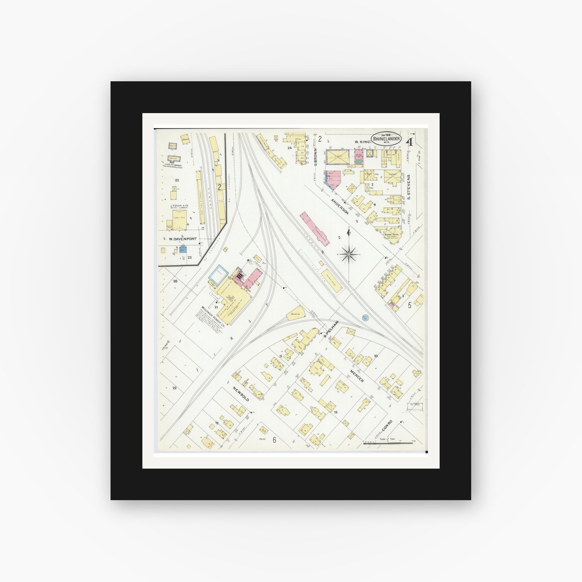 Old map wall art mockup — black gallery frame with white mat — Sanborn Fire Insurance Map from Rhinelander, Oneida County, Wisconsin (1908), Sheet #0004