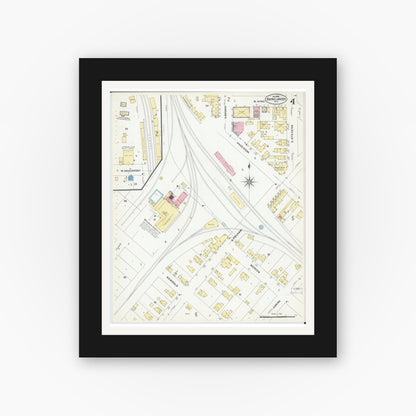 Old map wall art mockup — black gallery frame with white mat — Sanborn Fire Insurance Map from Rhinelander, Oneida County, Wisconsin (1908), Sheet #0004