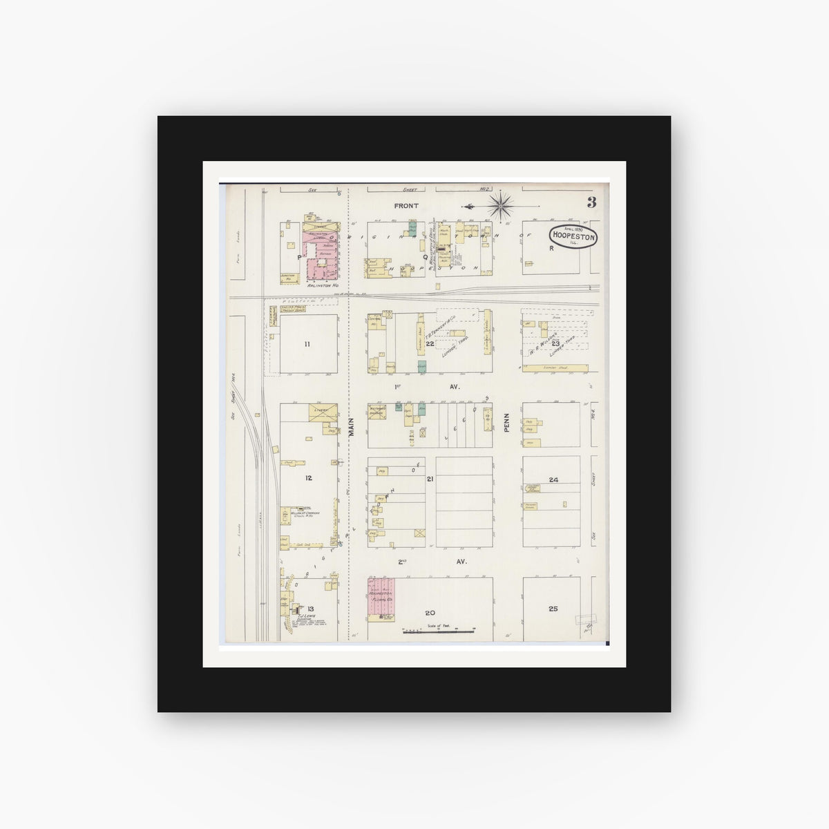 Old map wall art mockup — black gallery frame with white mat — Sanborn Fire Insurance Map from Hoopeston, Vermilion County, Illinois (1890), Sheet #0003