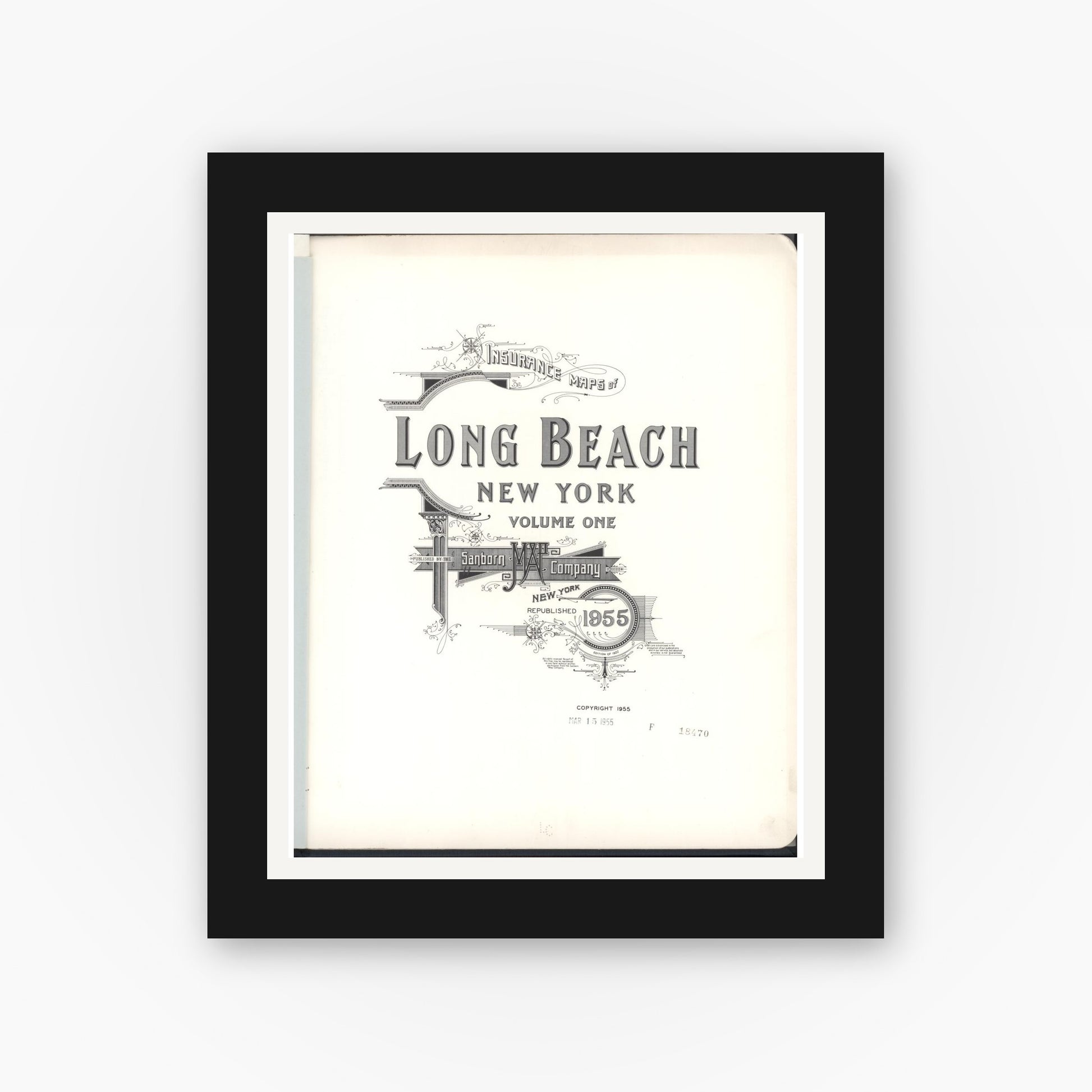 Old map wall art mockup — black gallery frame with white mat — Sanborn Fire Insurance Map from Long Beach, Nassau County, New York (1955), Sheet #0001