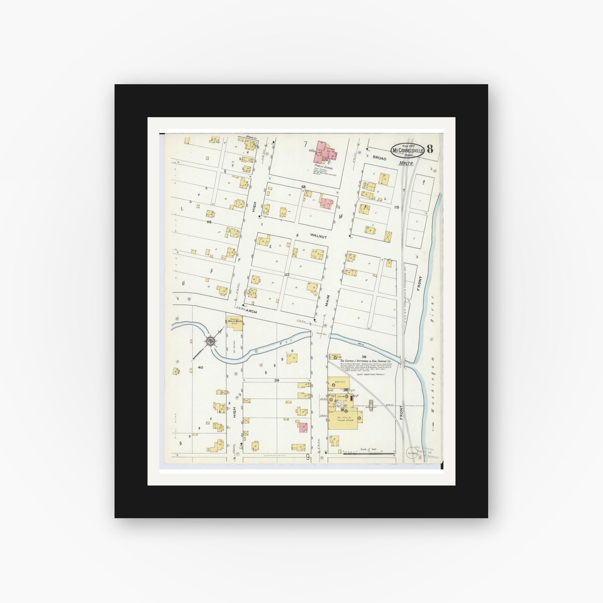 Old map wall art mockup — black gallery frame with white mat — Sanborn Fire Insurance Map from McConnelsville, Morgan County, Ohio (1917), Sheet #0008