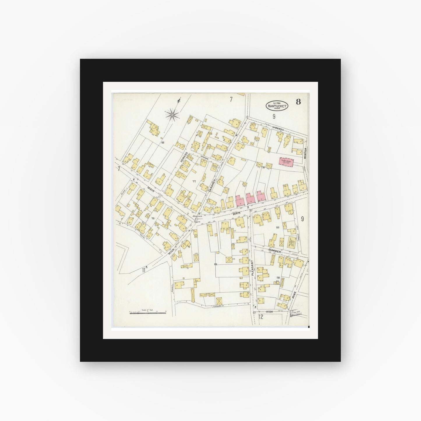Old map wall art mockup — black gallery frame with white mat — Sanborn Fire Insurance Map from Nantucket, Nantucket County, Massachusetts (1904), Sheet #0008