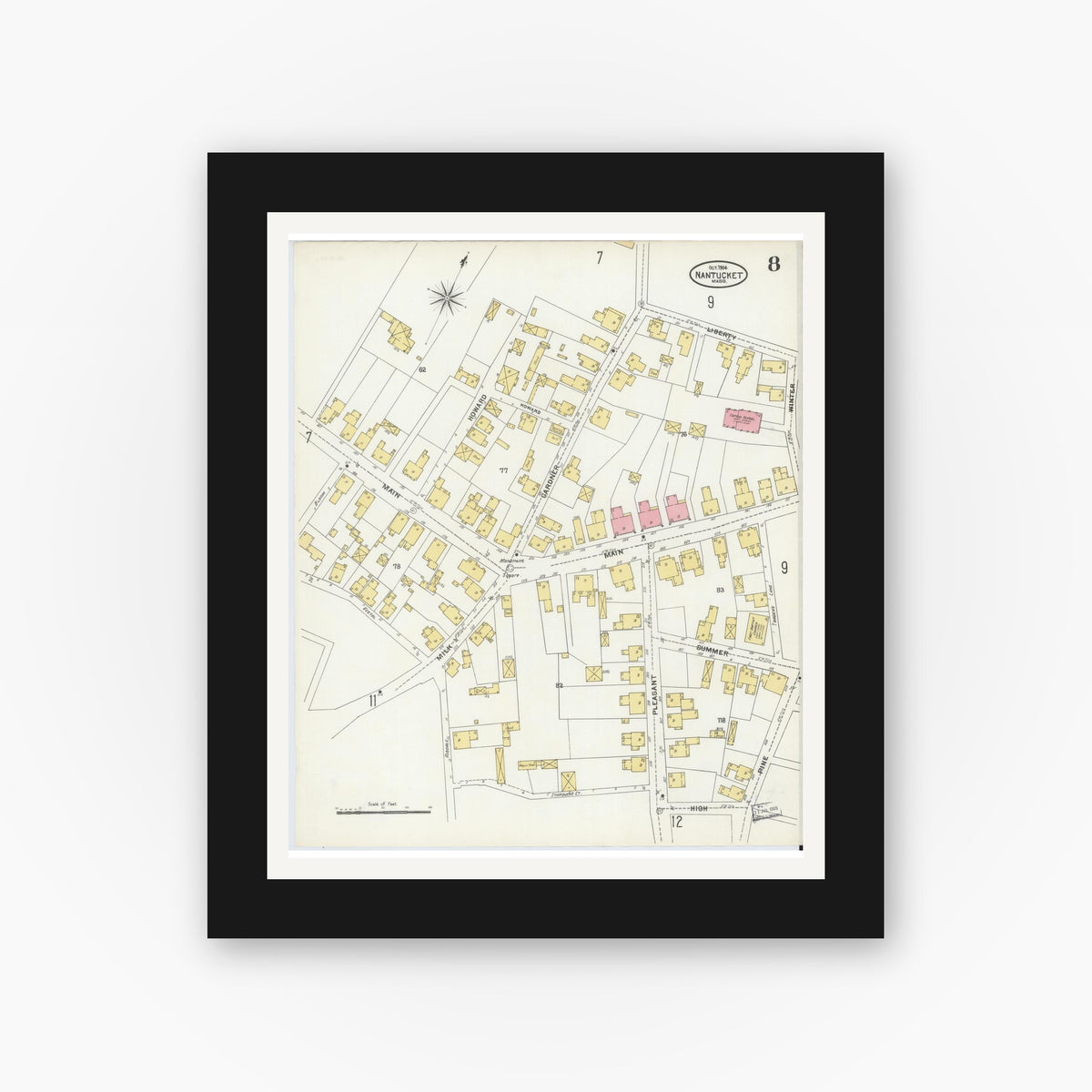 Old map wall art mockup — black gallery frame with white mat — Sanborn Fire Insurance Map from Nantucket, Nantucket County, Massachusetts (1904), Sheet #0008