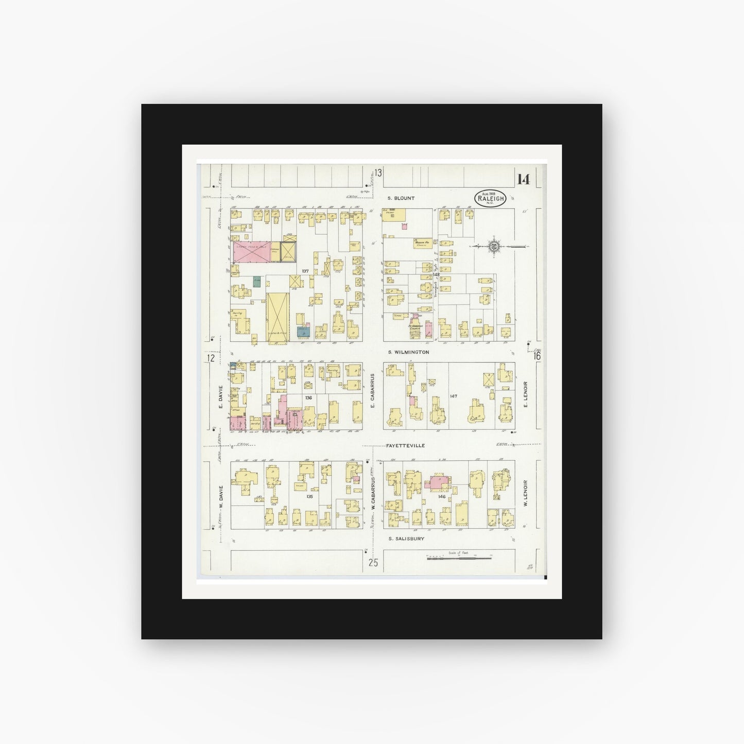 Old map wall art mockup — black gallery frame with white mat — Sanborn Fire Insurance Map from Raleigh, Wake County, North Carolina (1909), Sheet #0014