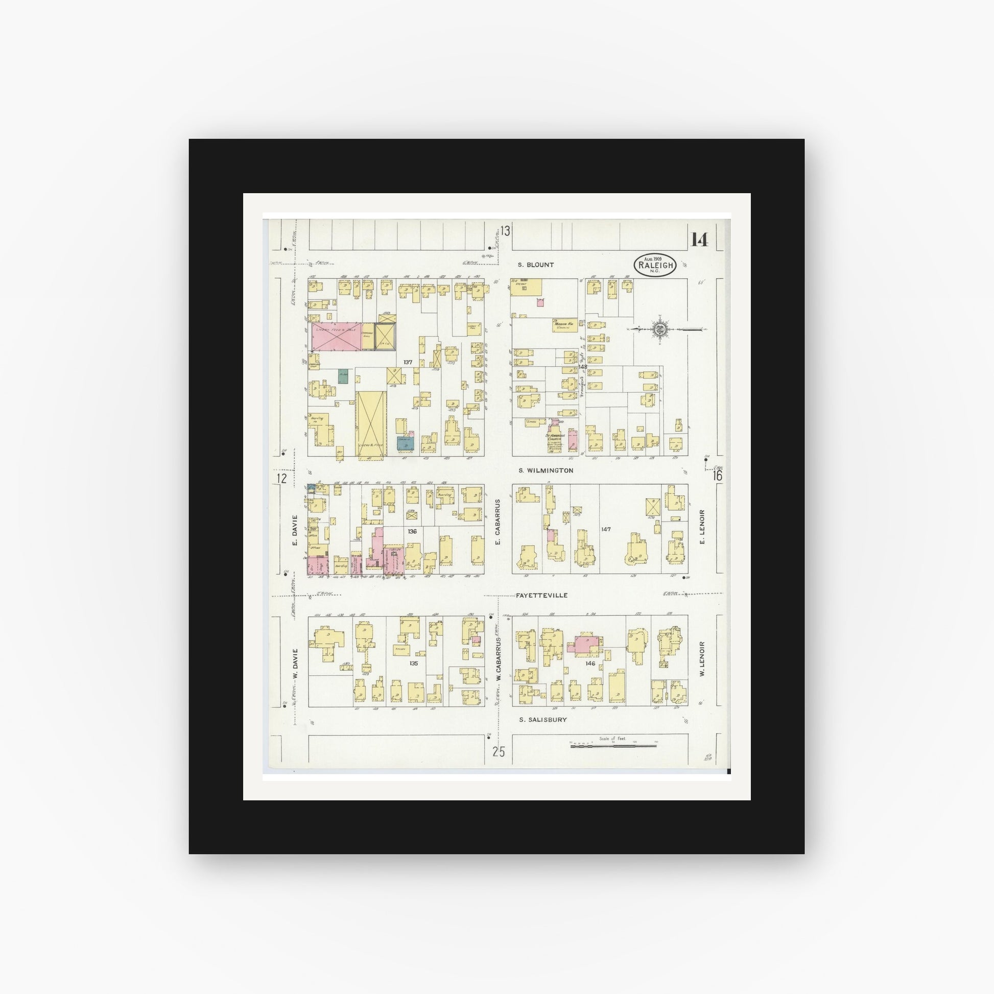 Old map wall art mockup — black gallery frame with white mat — Sanborn Fire Insurance Map from Raleigh, Wake County, North Carolina (1909), Sheet #0014