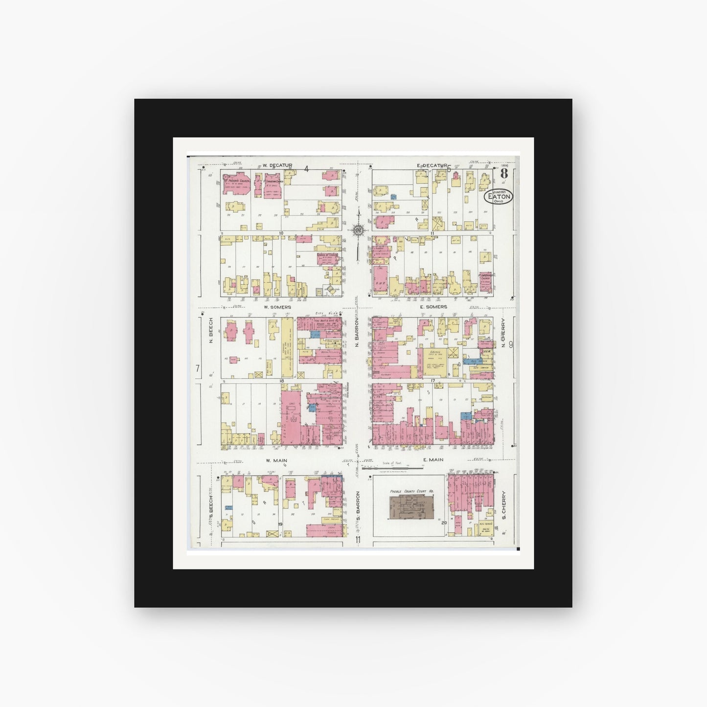 Old map wall art mockup — black gallery frame with white mat — Sanborn Fire Insurance Map from Eaton, Preble County, Ohio (1921), Sheet #0008