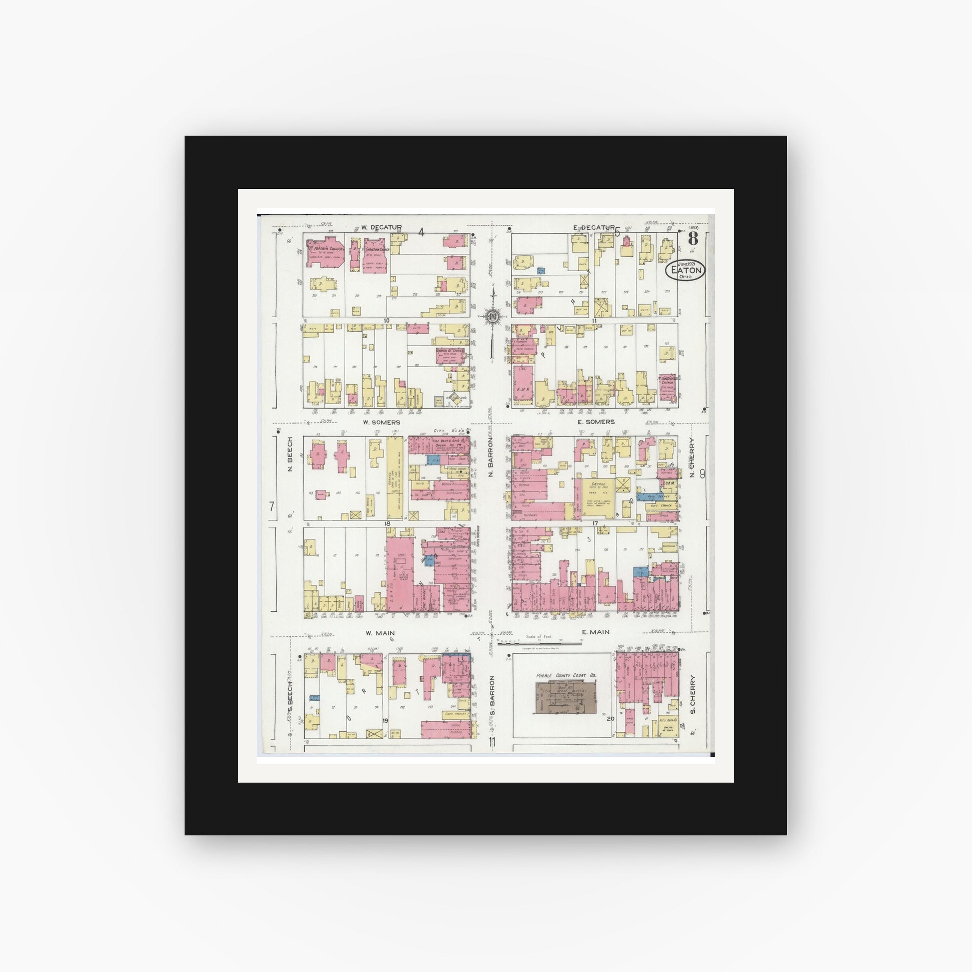 Old map wall art mockup — black gallery frame with white mat — Sanborn Fire Insurance Map from Eaton, Preble County, Ohio (1921), Sheet #0008