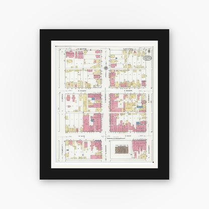 Old map wall art mockup — black gallery frame with white mat — Sanborn Fire Insurance Map from Eaton, Preble County, Ohio (1921), Sheet #0008