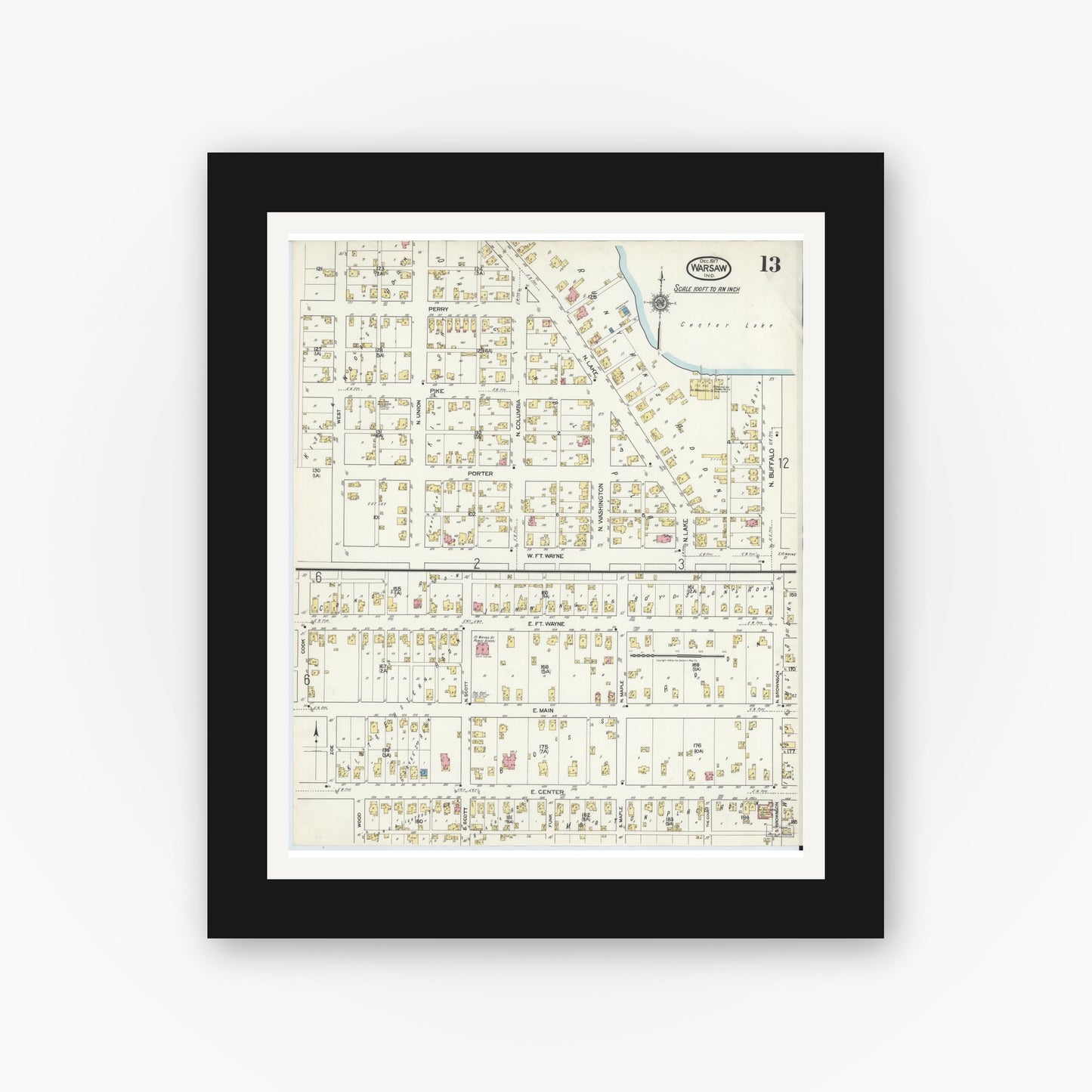 Old map wall art mockup — black gallery frame with white mat — Sanborn Fire Insurance Map from Warsaw, Kosciusko County, Indiana (1917), Sheet #0013