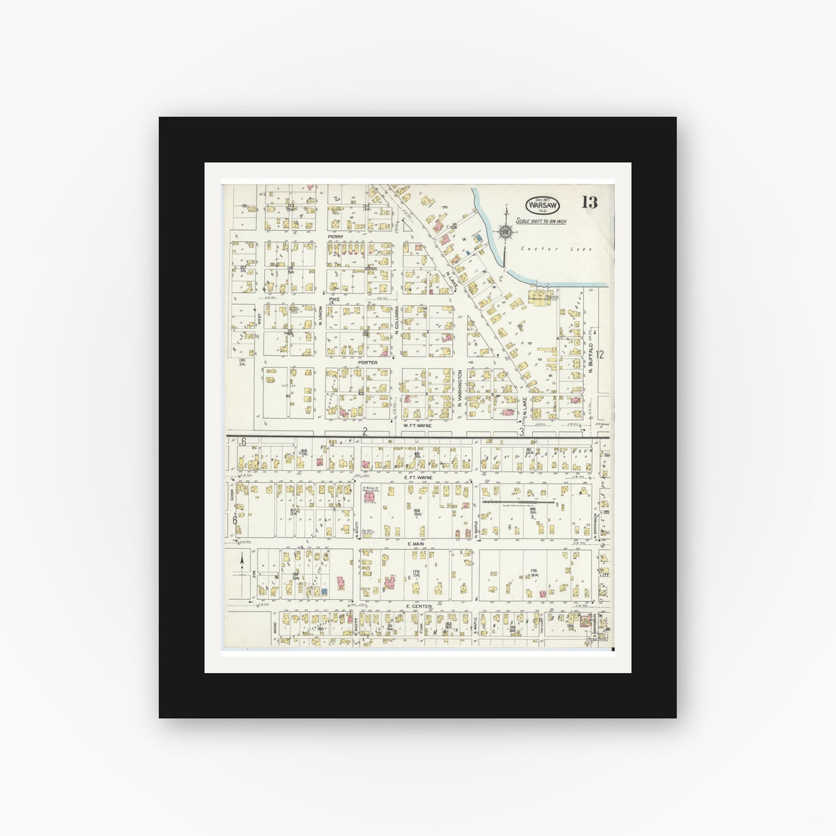 Old map wall art mockup — black gallery frame with white mat — Sanborn Fire Insurance Map from Warsaw, Kosciusko County, Indiana (1917), Sheet #0013