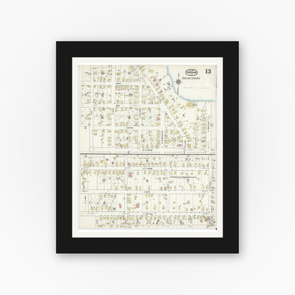 Old map wall art mockup — black gallery frame with white mat — Sanborn Fire Insurance Map from Warsaw, Kosciusko County, Indiana (1917), Sheet #0013