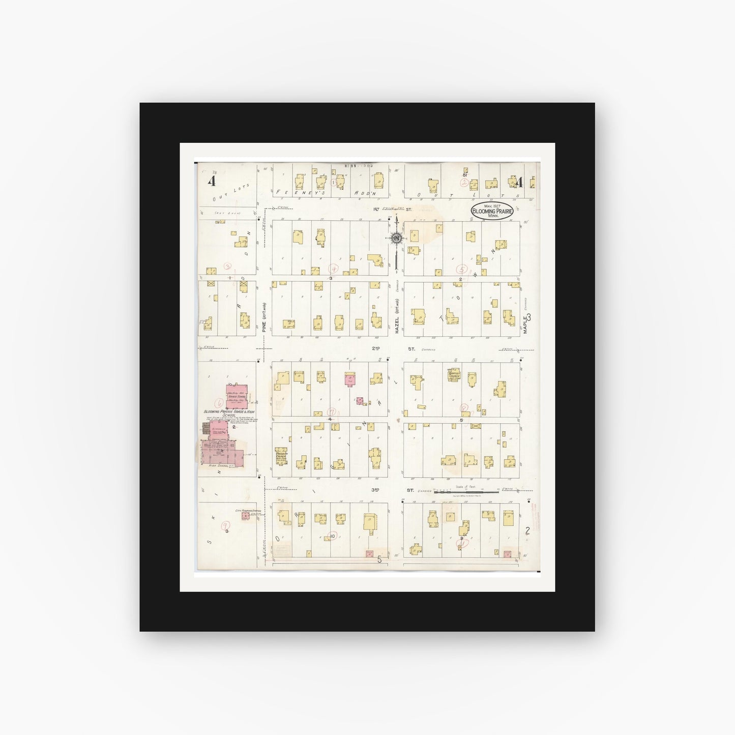 Old map wall art mockup — black gallery frame with white mat — Sanborn Fire Insurance Map from Blooming Prairie, Steele County, Minnesota (1937), Sheet #0004