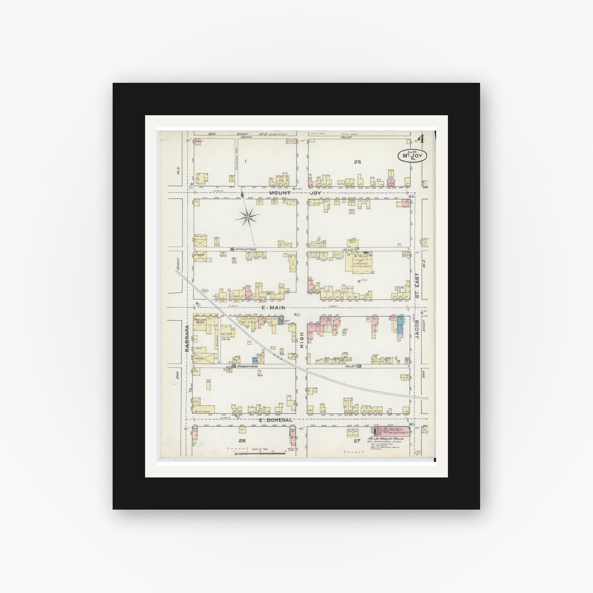 Old map wall art mockup — black gallery frame with white mat — Sanborn Fire Insurance Map from Mount Joy, Lancaster County, Pennsylvania (1891), Sheet #0004
