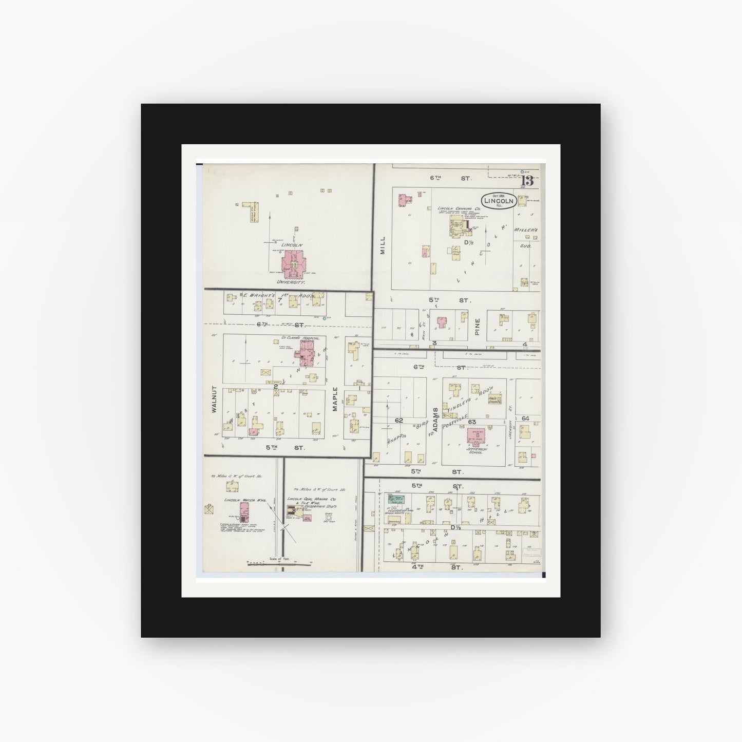 Old map wall art mockup — black gallery frame with white mat — Sanborn Fire Insurance Map from Lincoln, Logan County, Illinois (1891), Sheet #0013