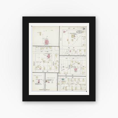 Old map wall art mockup — black gallery frame with white mat — Sanborn Fire Insurance Map from Lincoln, Logan County, Illinois (1891), Sheet #0013