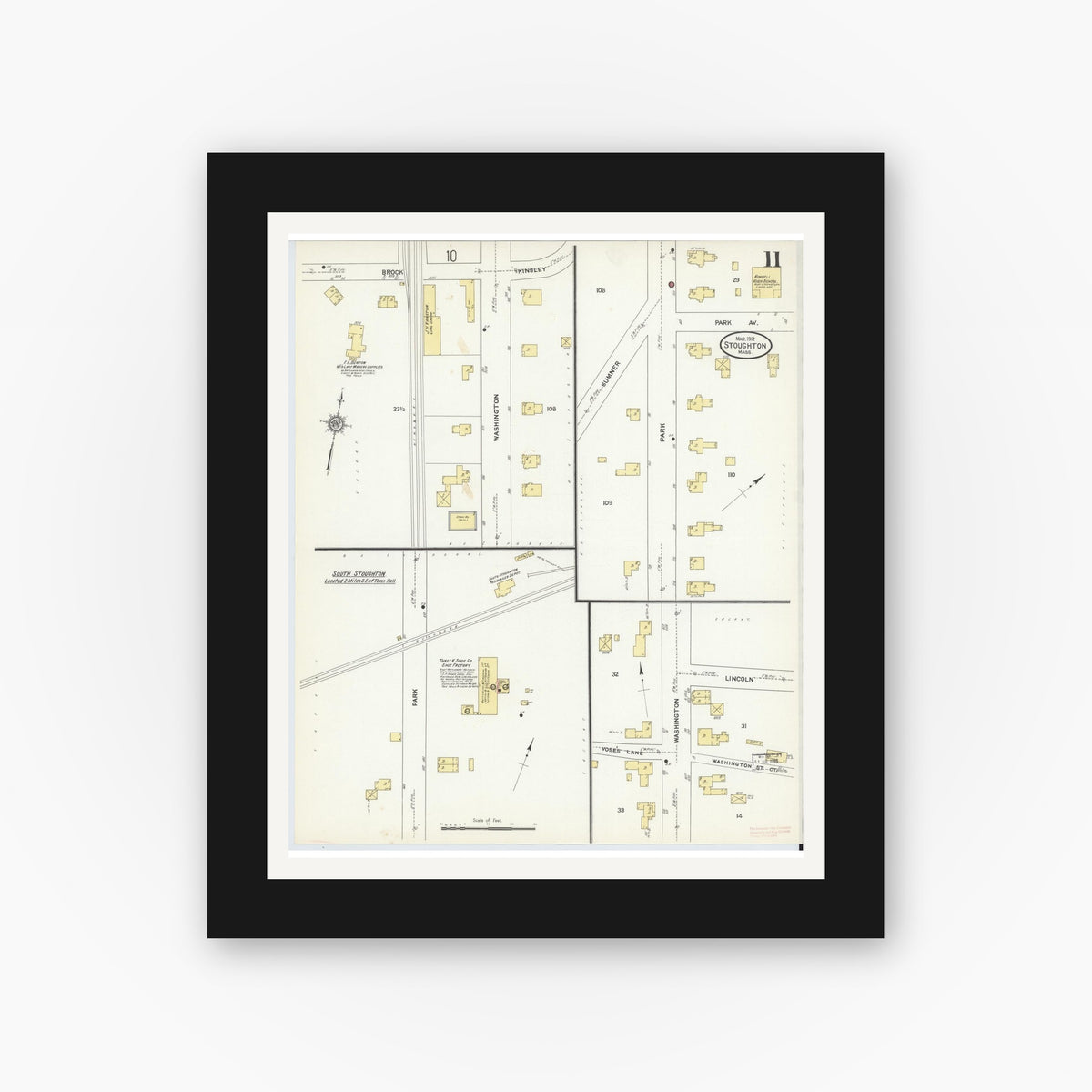 Old map wall art mockup — black gallery frame with white mat — Sanborn Fire Insurance Map from Stoughton, Norfolk County, Massachusetts (1912), Sheet #0011